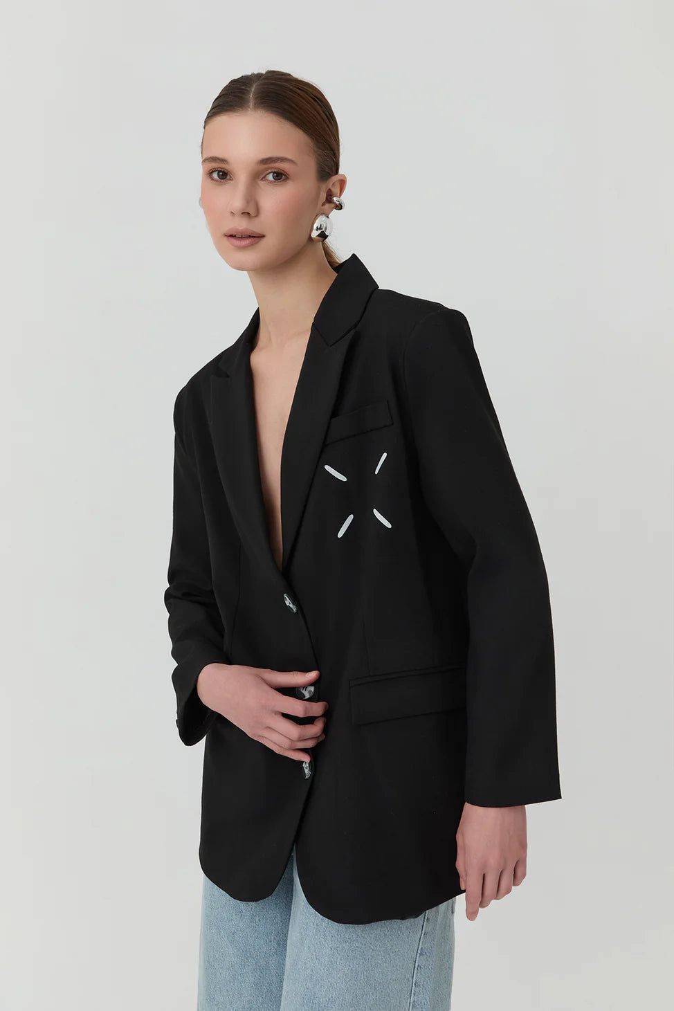 Double Breasted Blazer Jacket with Number Print on Back Black