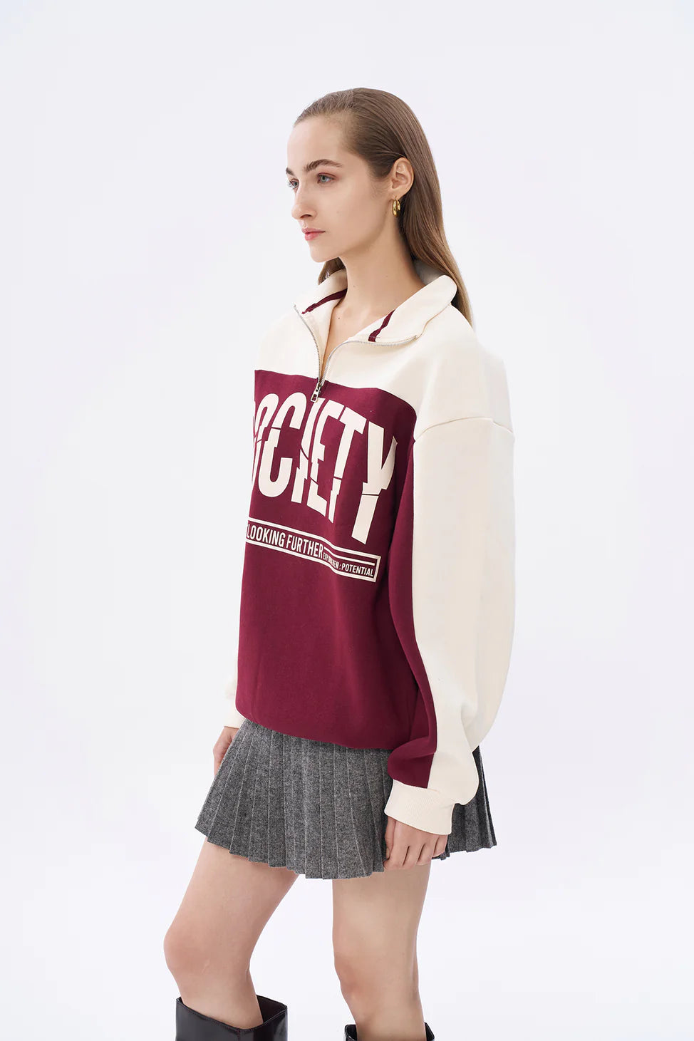 Color Block Printed Oversize Sweatshirt Beige