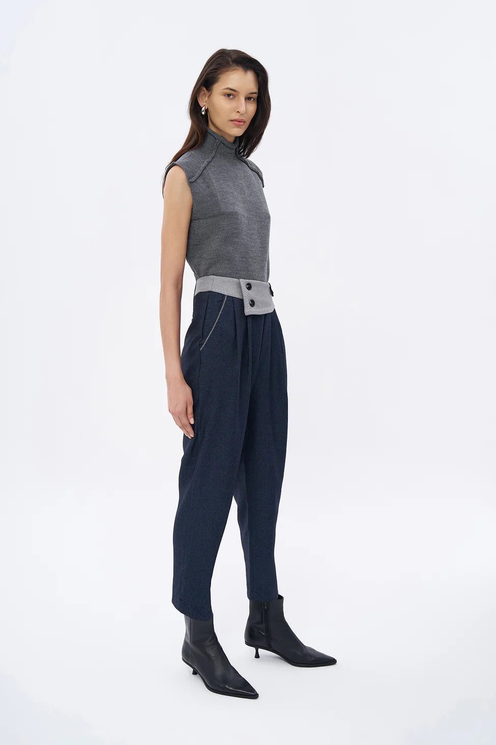 Waist Detailed Stitched Trousers Navy Blue