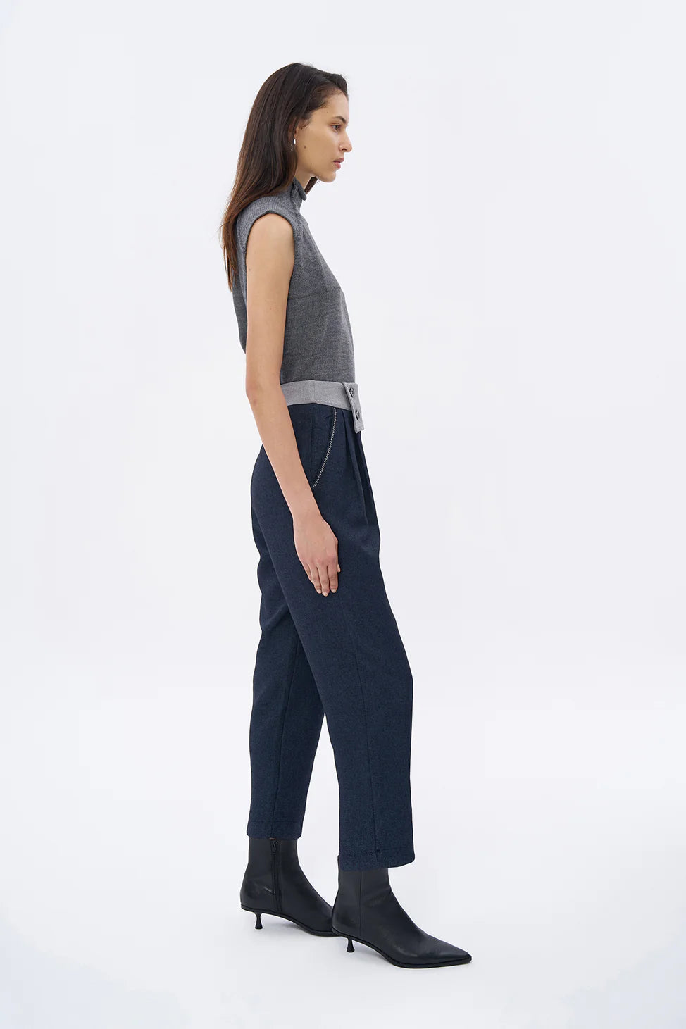 Waist Detailed Stitched Trousers Navy Blue