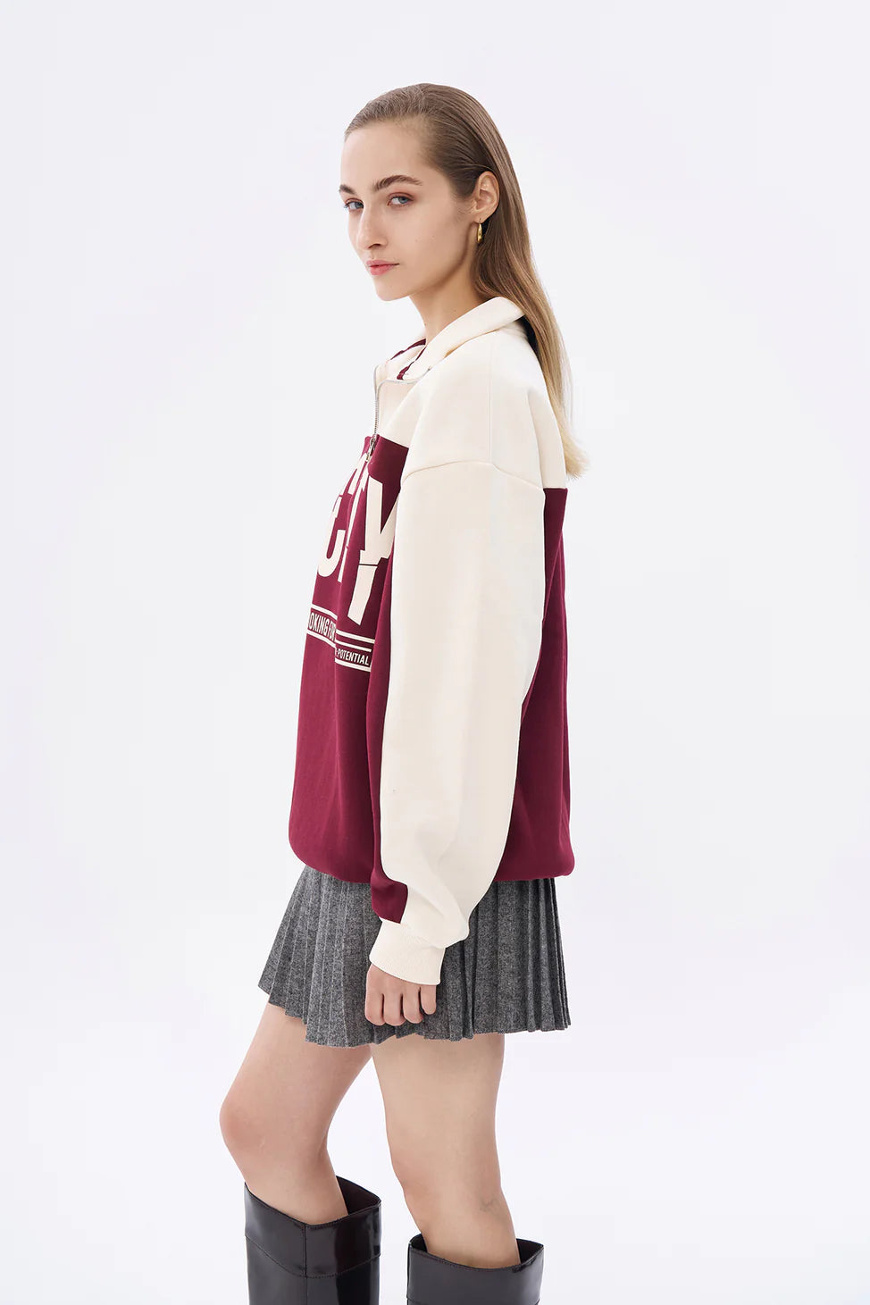 Color Block Printed Oversize Sweatshirt Beige