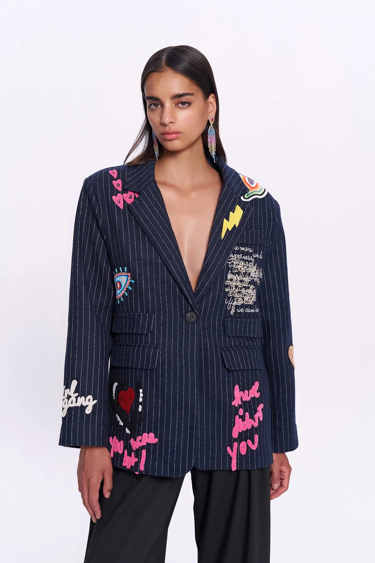 جاكيت بليزر ازرق داكن سترة مطرزة - Navy blue Embroidery Sticker Blazer Jacket