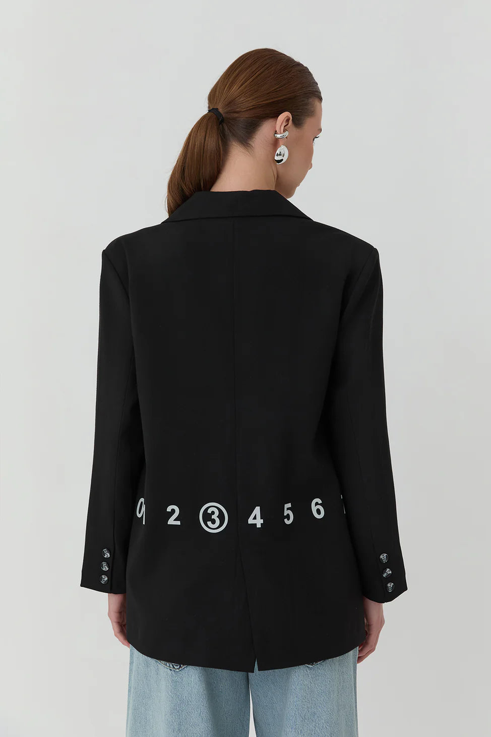 Double Breasted Blazer Jacket with Number Print on Back Black