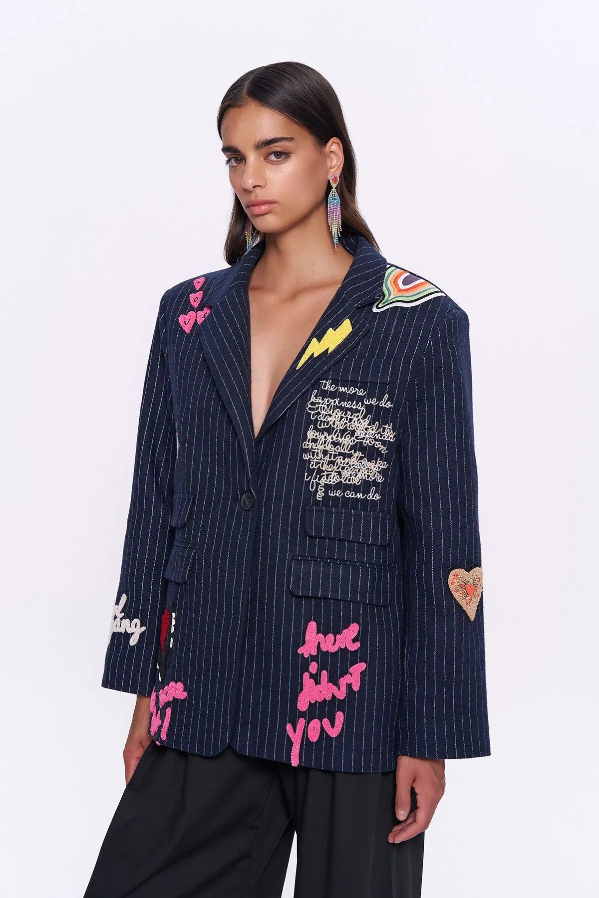 2- جاكيت بليزر ازرق داكن سترة مطرزة - Navy blue Embroidery Sticker Blazer Jacket