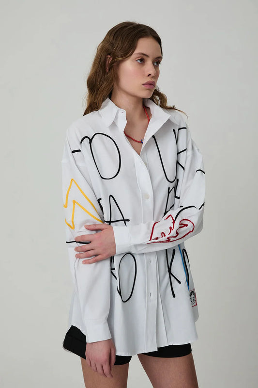 Oversize Shirt with Embroidery Print Detail White