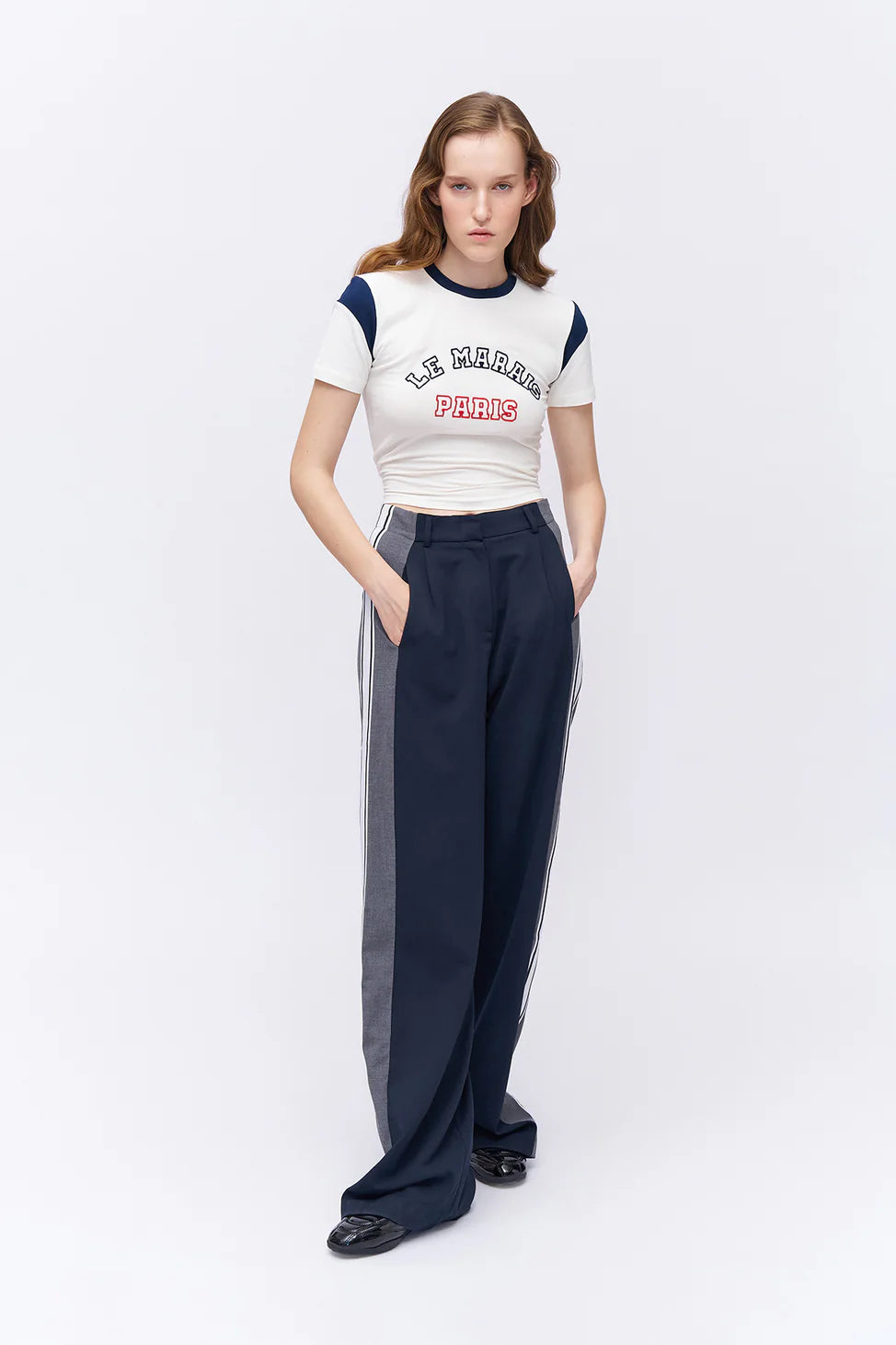 Match Detailed Striped High Waist Trousers Navy Blue