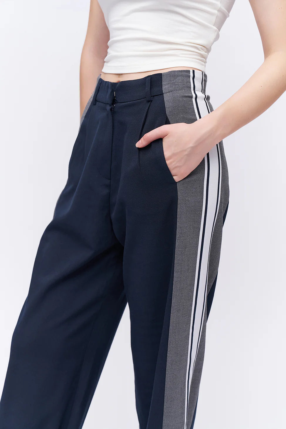 Match Detailed Striped High Waist Trousers Navy Blue