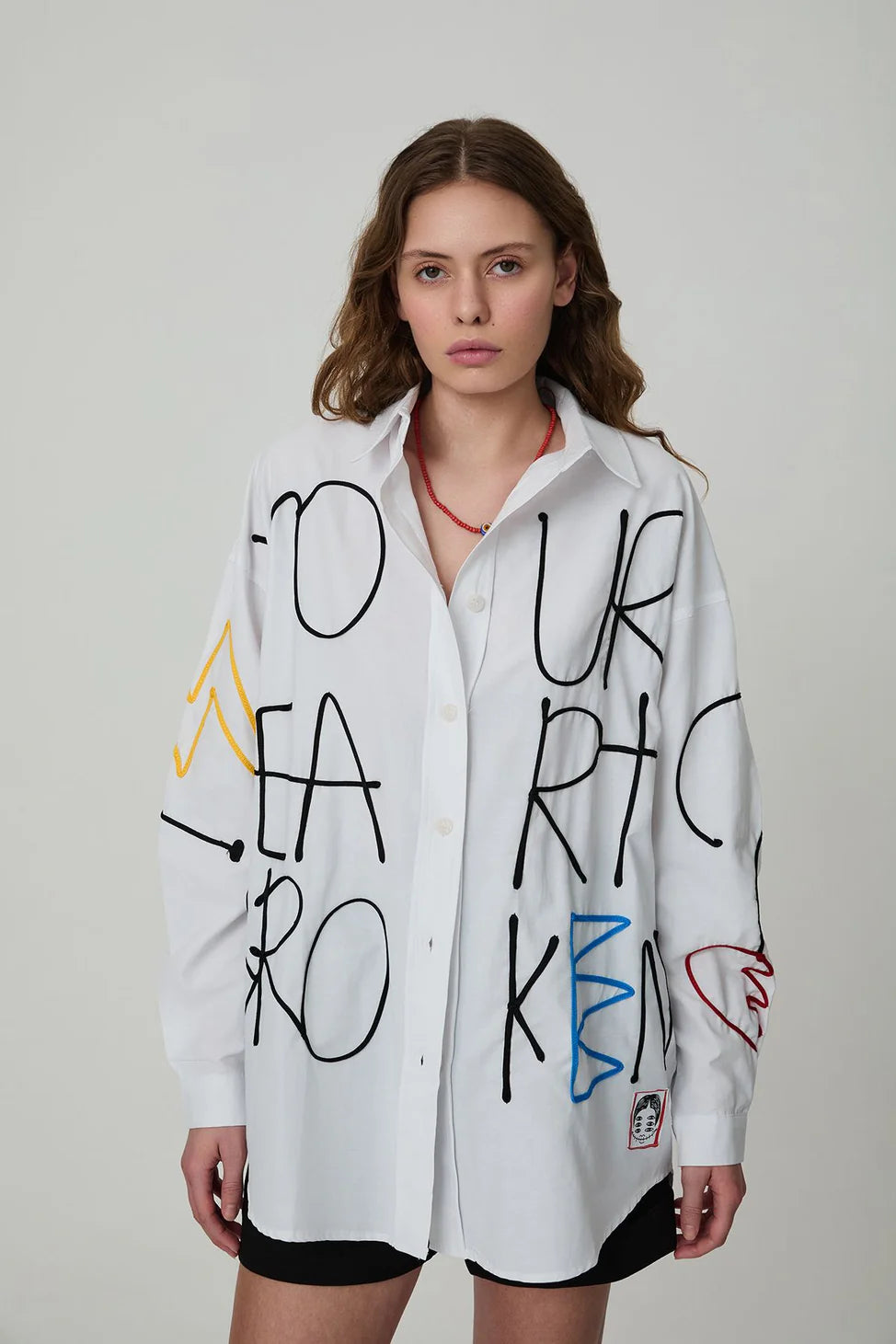 Oversize Shirt with Embroidery Print Detail White