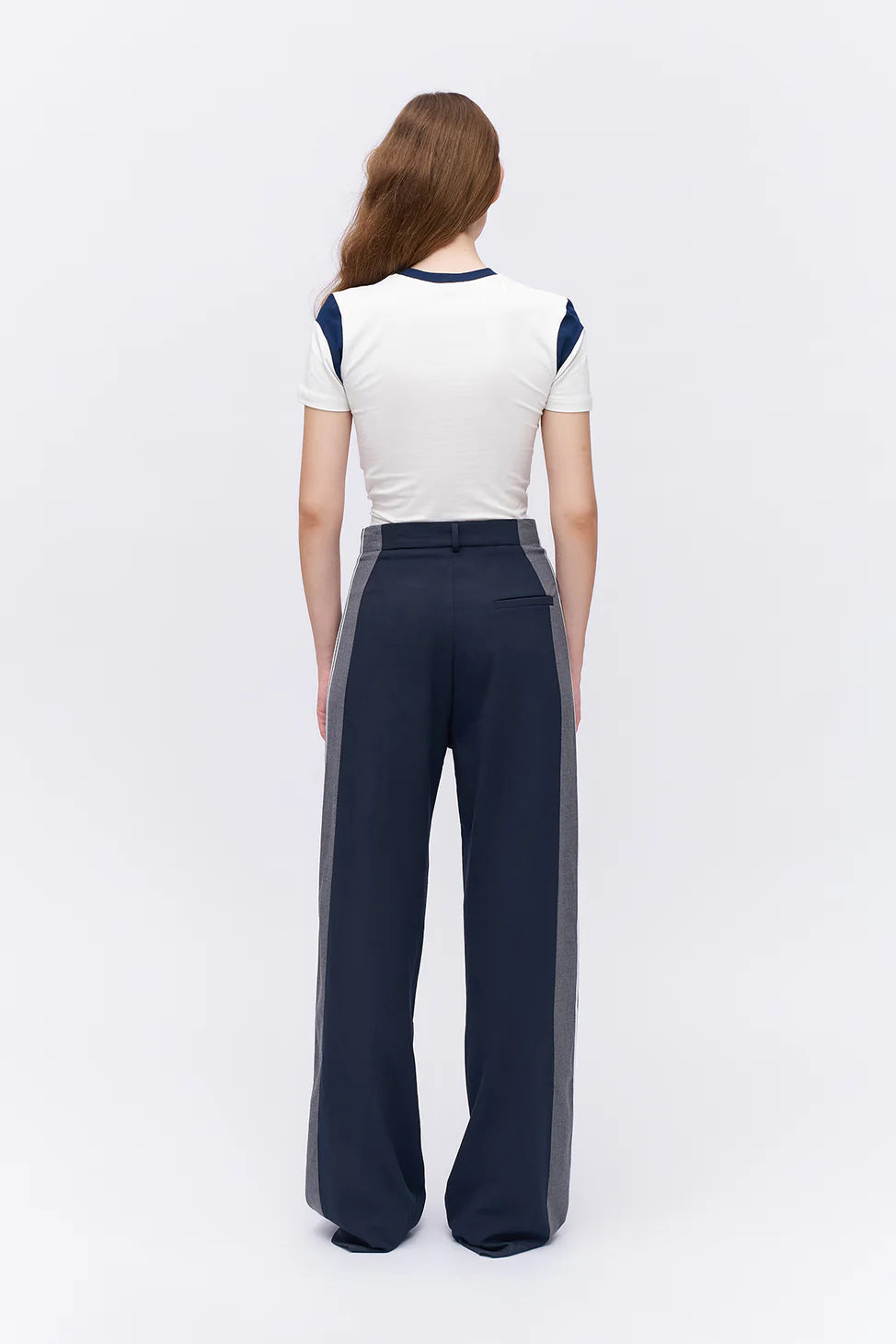 Match Detailed Striped High Waist Trousers Navy Blue