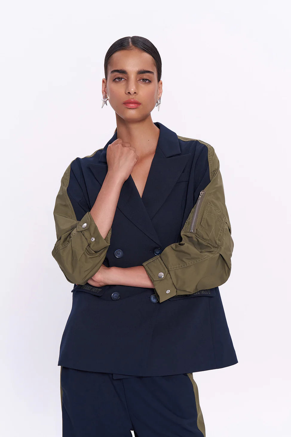 Match Detailed Sleeve Pocket Blazer Jacket Navy Blue