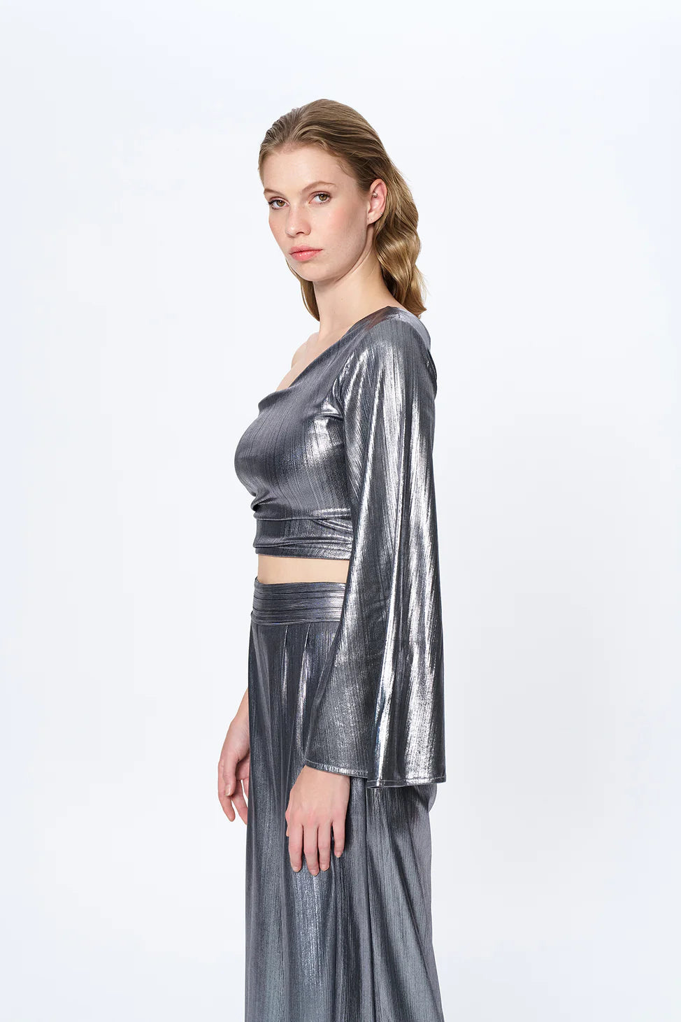 Shiny Metallic One Shoulder Blouse Silver