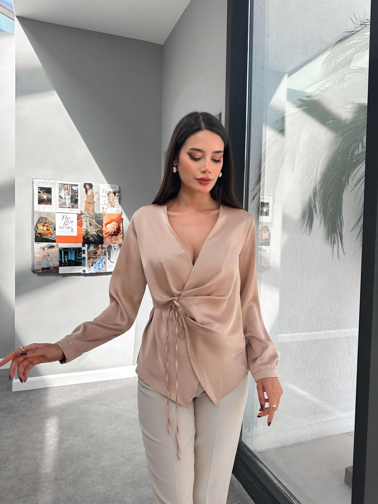 Biege Satin Tied Draped Blouse