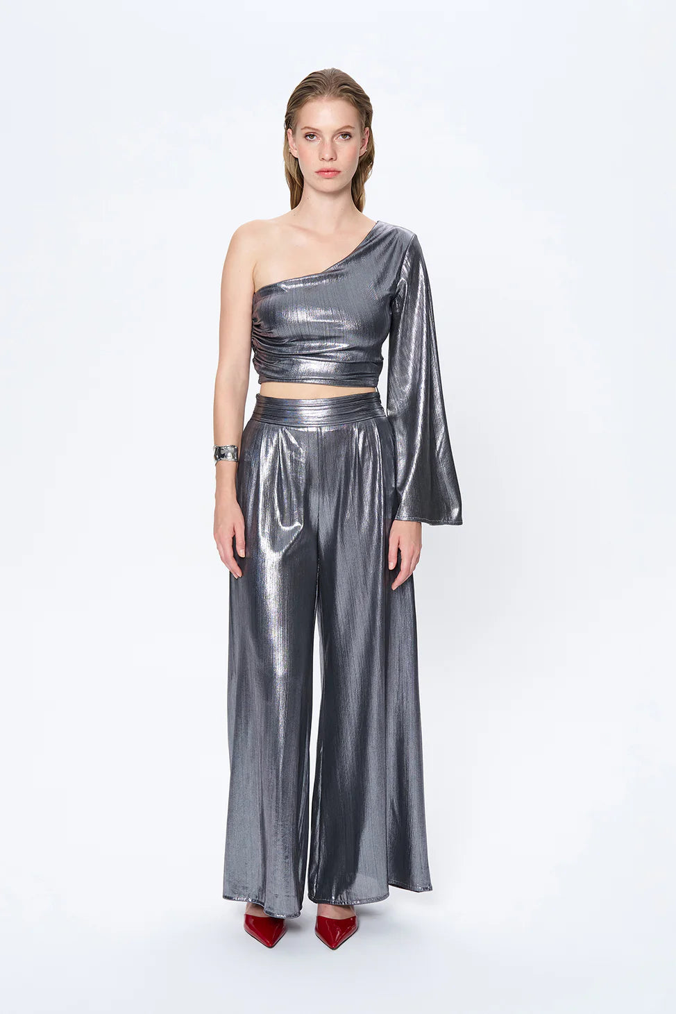 Shiny Metallic Wide Leg Pants Silver