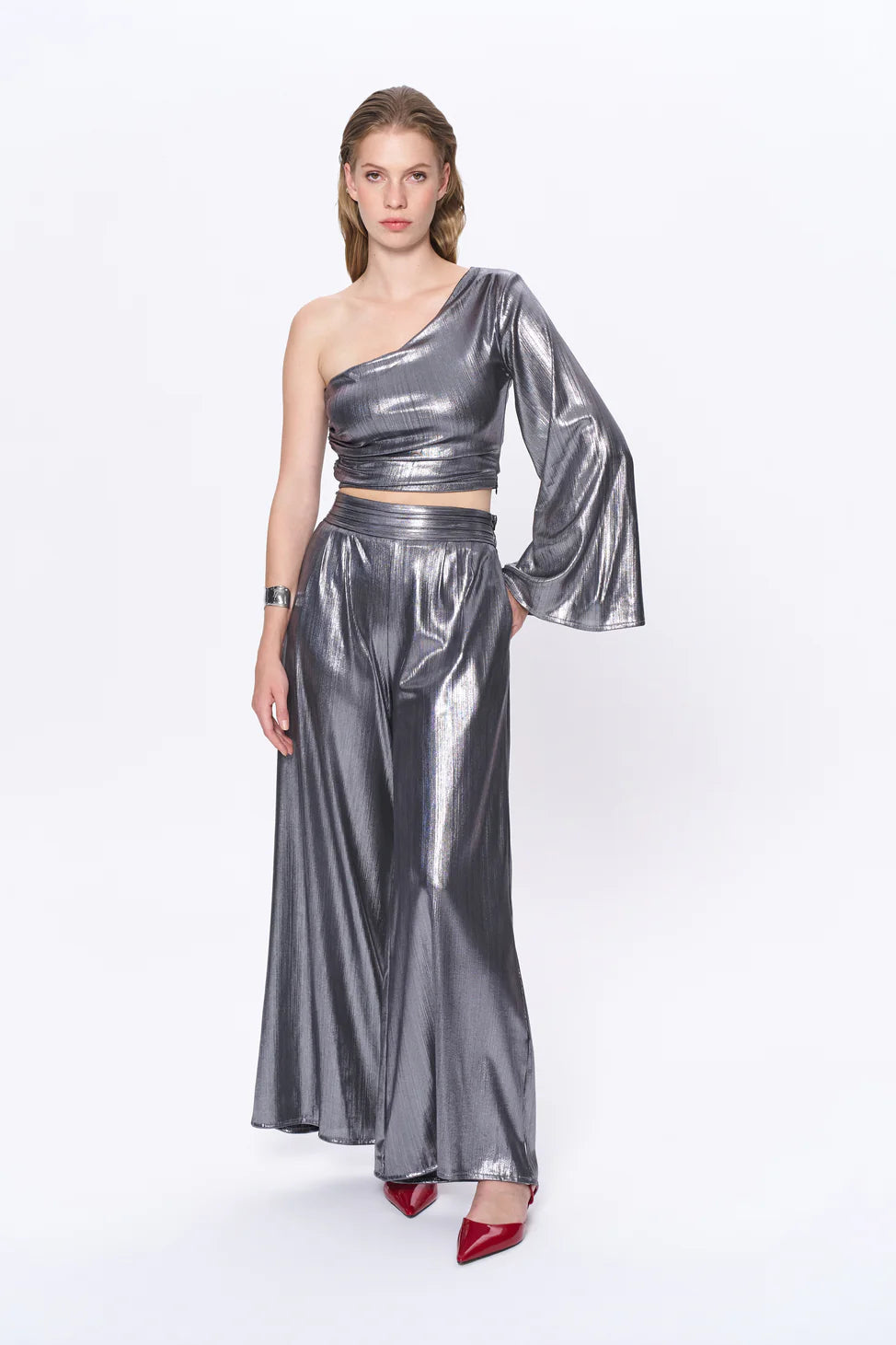 Shiny Metallic Wide Leg Pants Silver