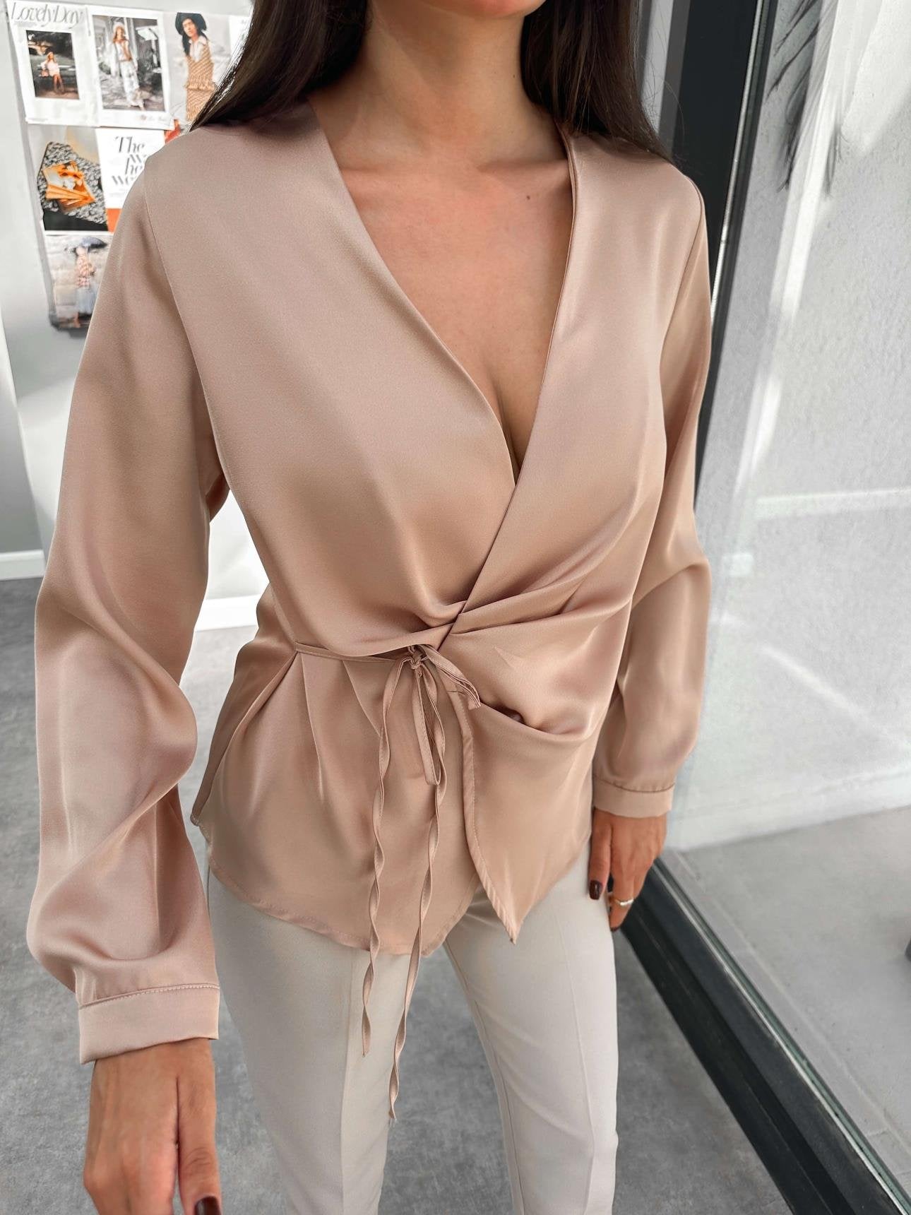 Biege Satin Tied Draped Blouse