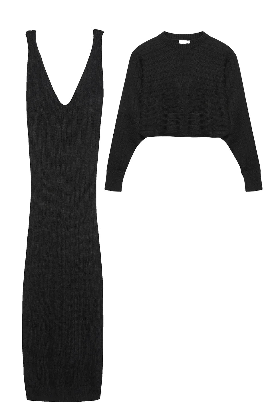 Strap Dress Bolero Knit Set Black