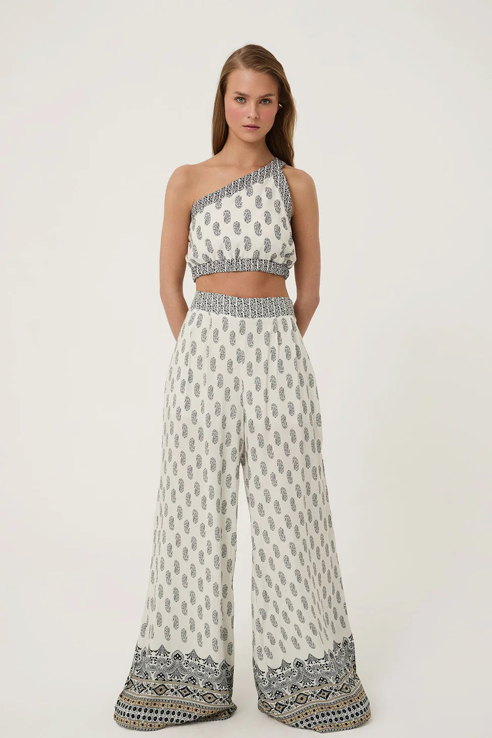 Wide Leg Patterned Trousers Natural