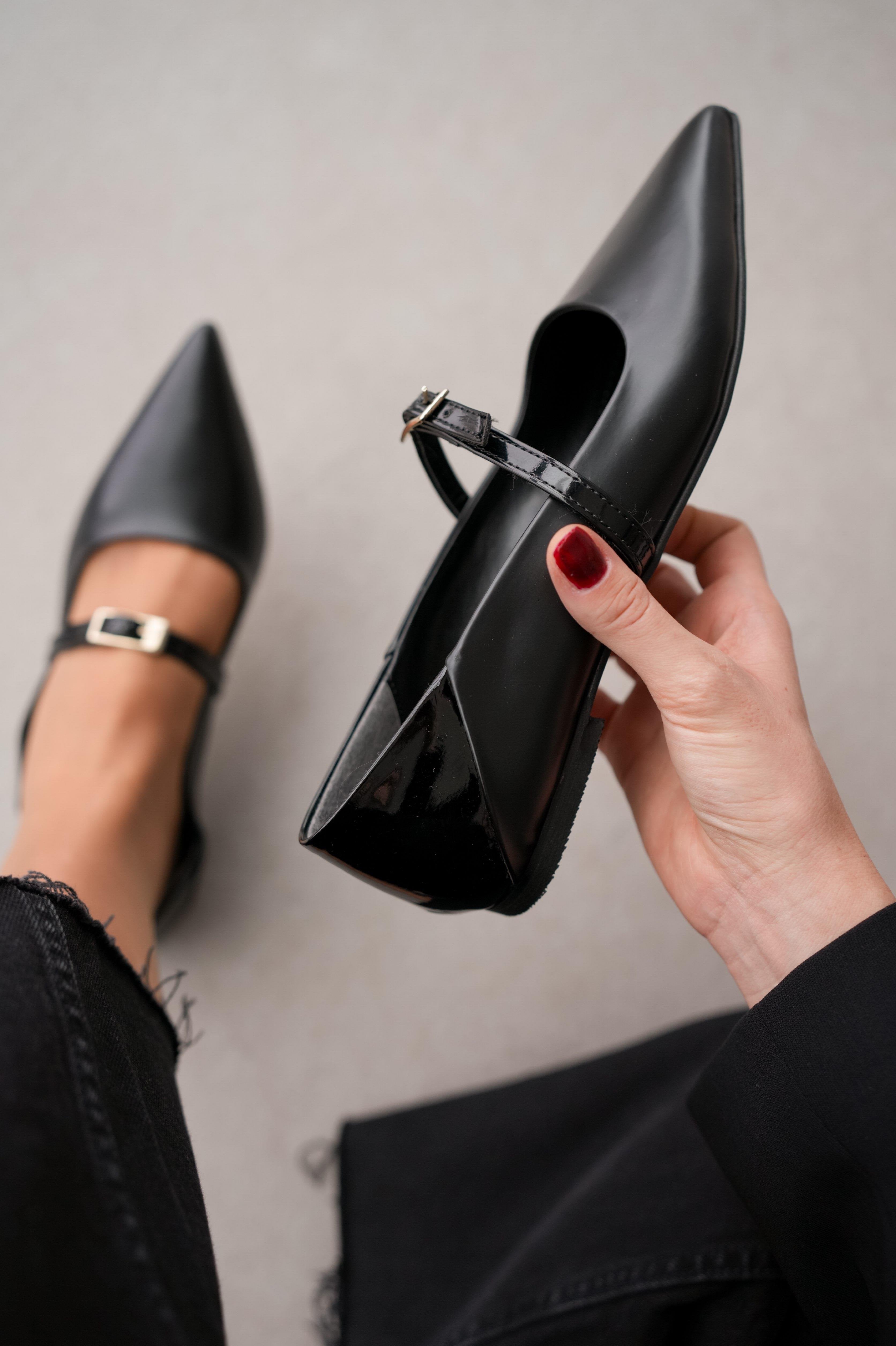 Sage Long and Pointed Toe Ankle-Tie Women's Ballerinas- BLACK