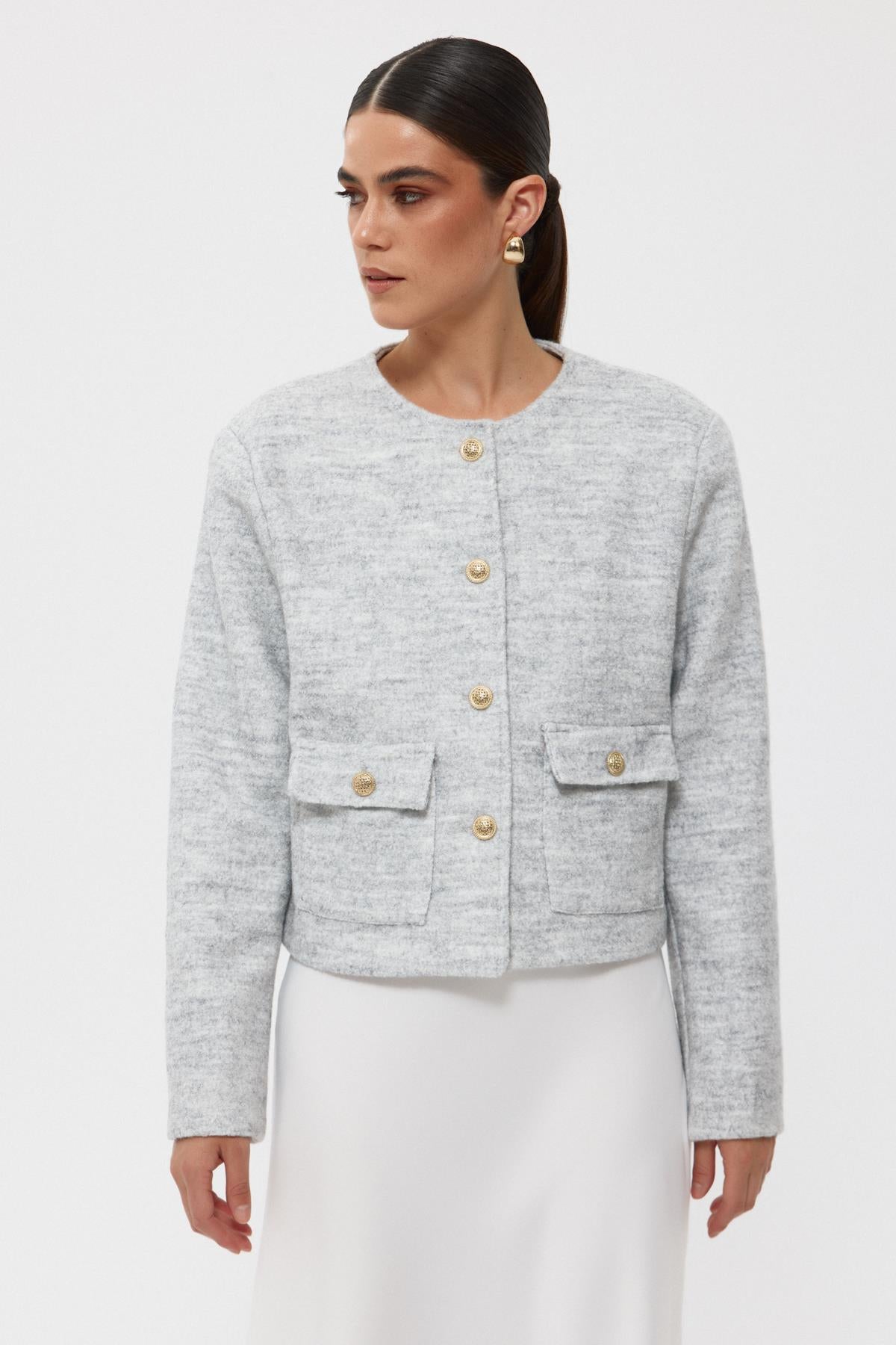 Grey Gold Button Detailed Knitted Felt Jacket