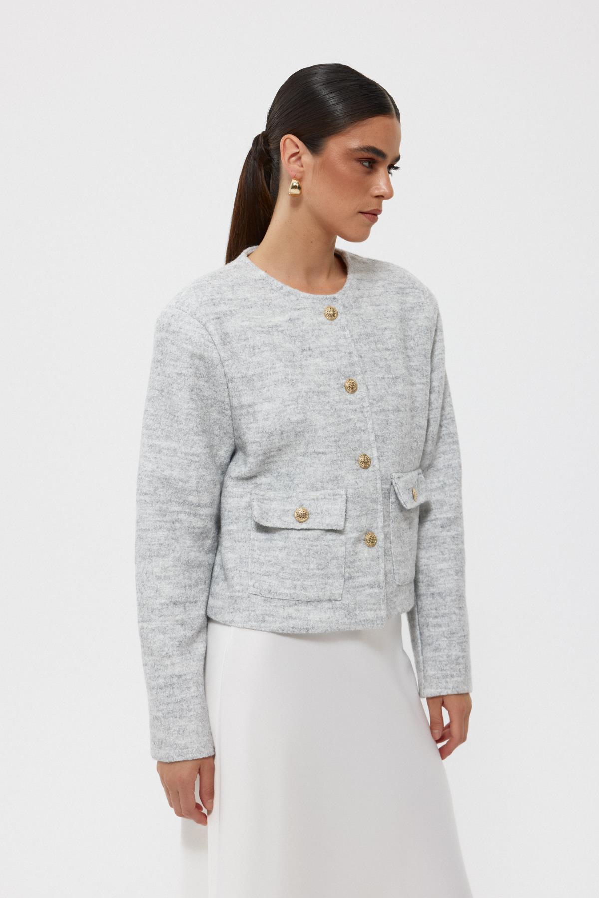 Grey Gold Button Detailed Knitted Felt Jacket