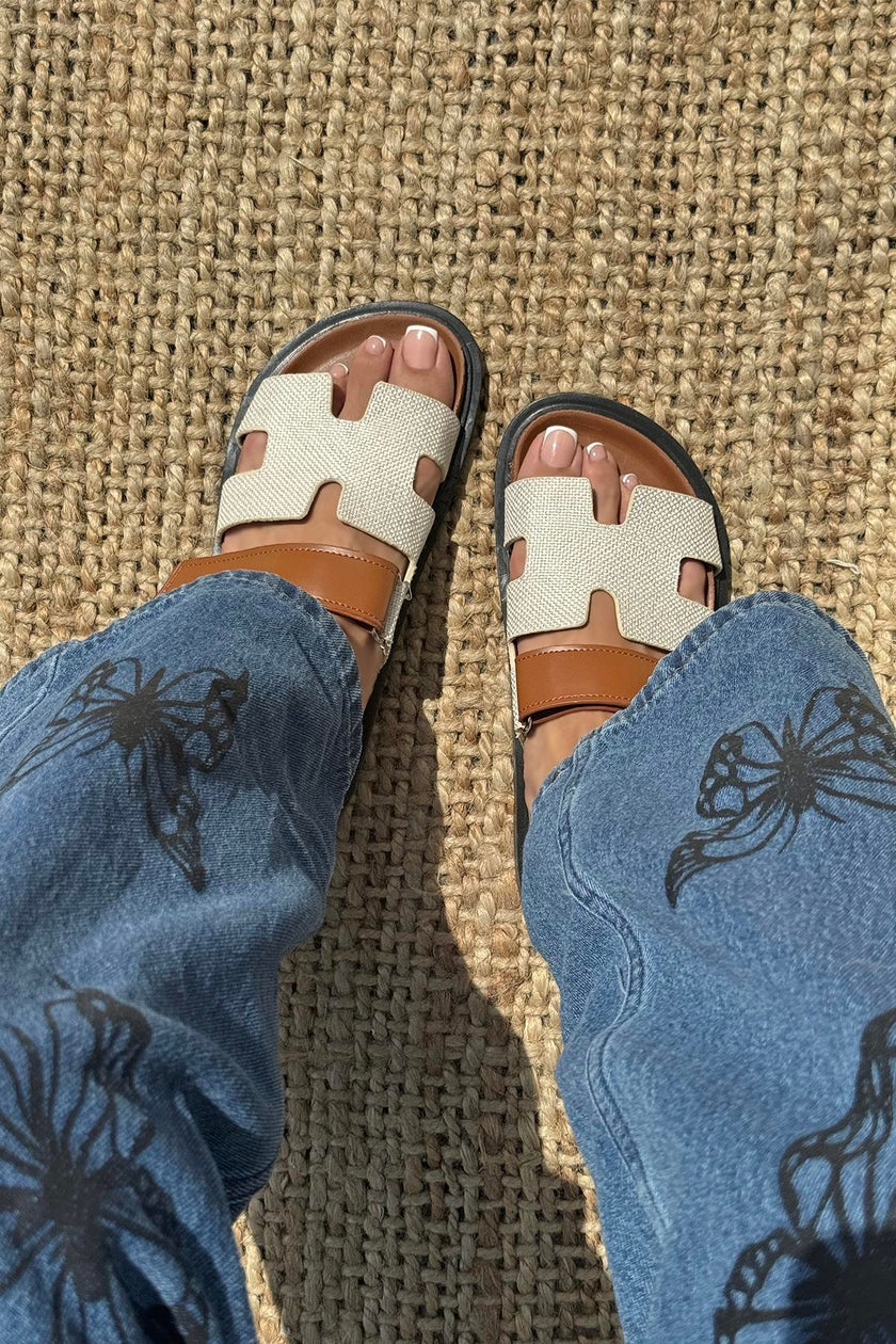 Palmeira Beige-Straw  Velcro Leather Slippers