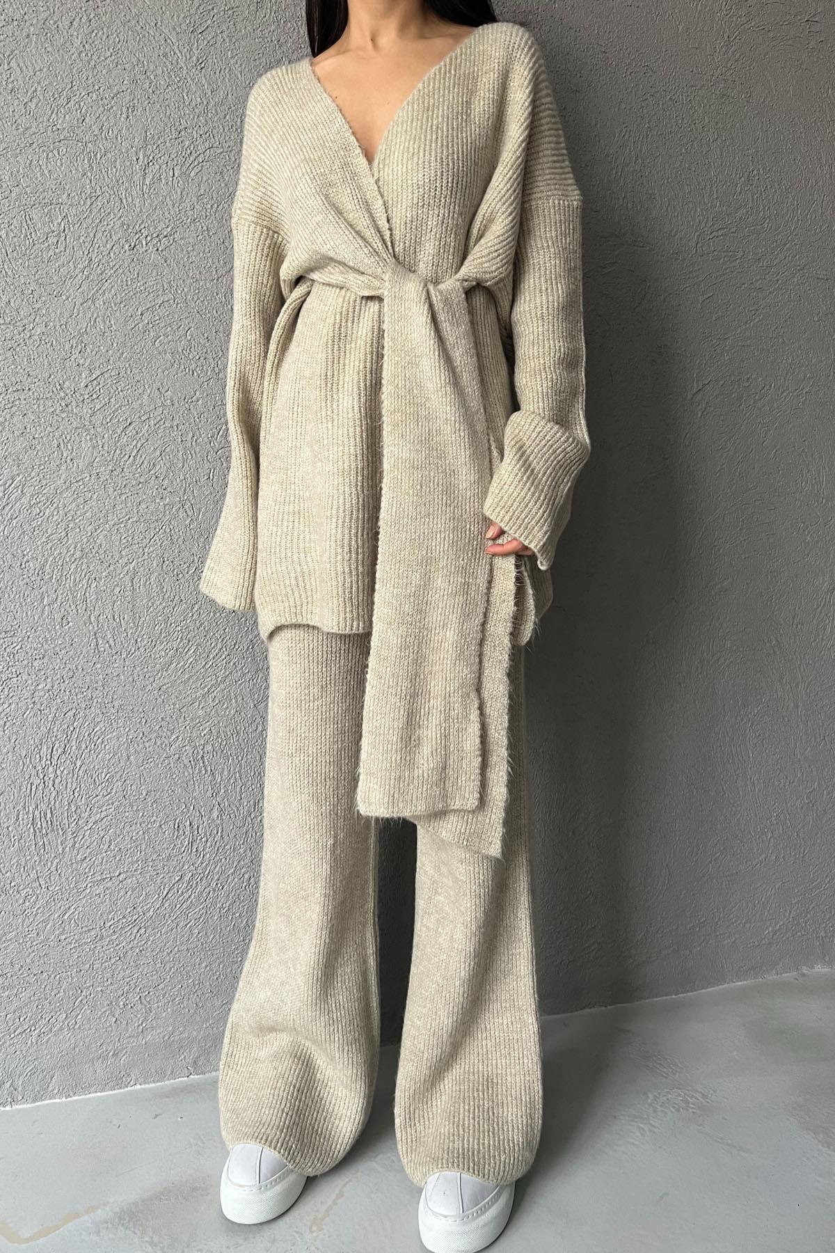 Beige Tie Detail Sweater Trousers Knitwear Set