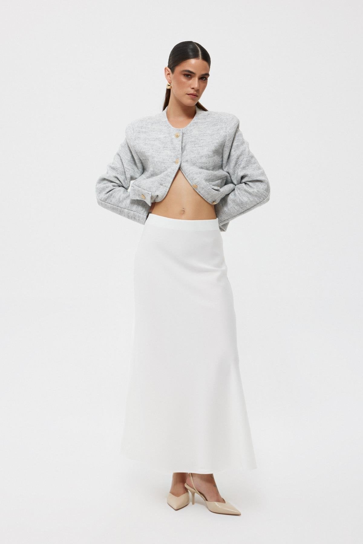 White Elastic Waist Bell Satin Skirt