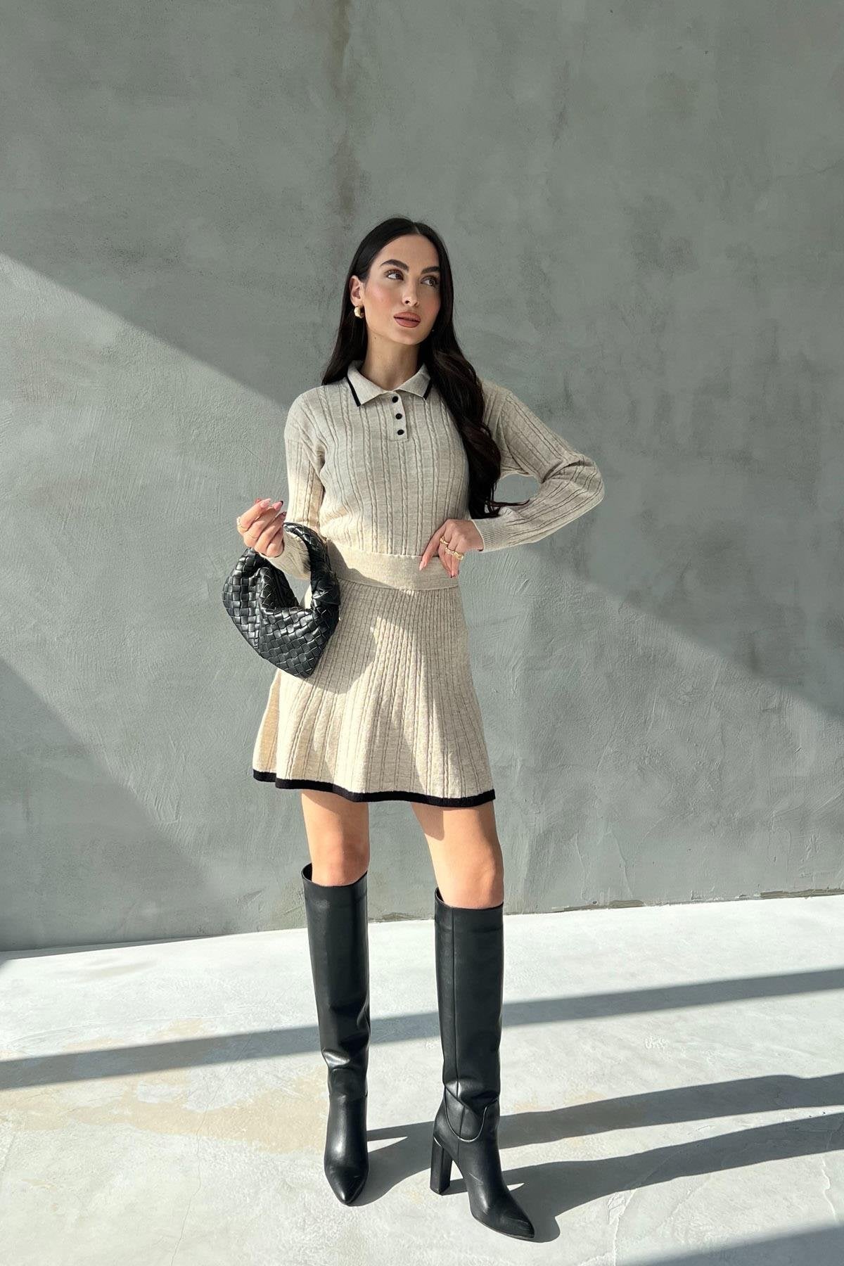 Beige Polo Neck Knitted Sweater Skirt Set