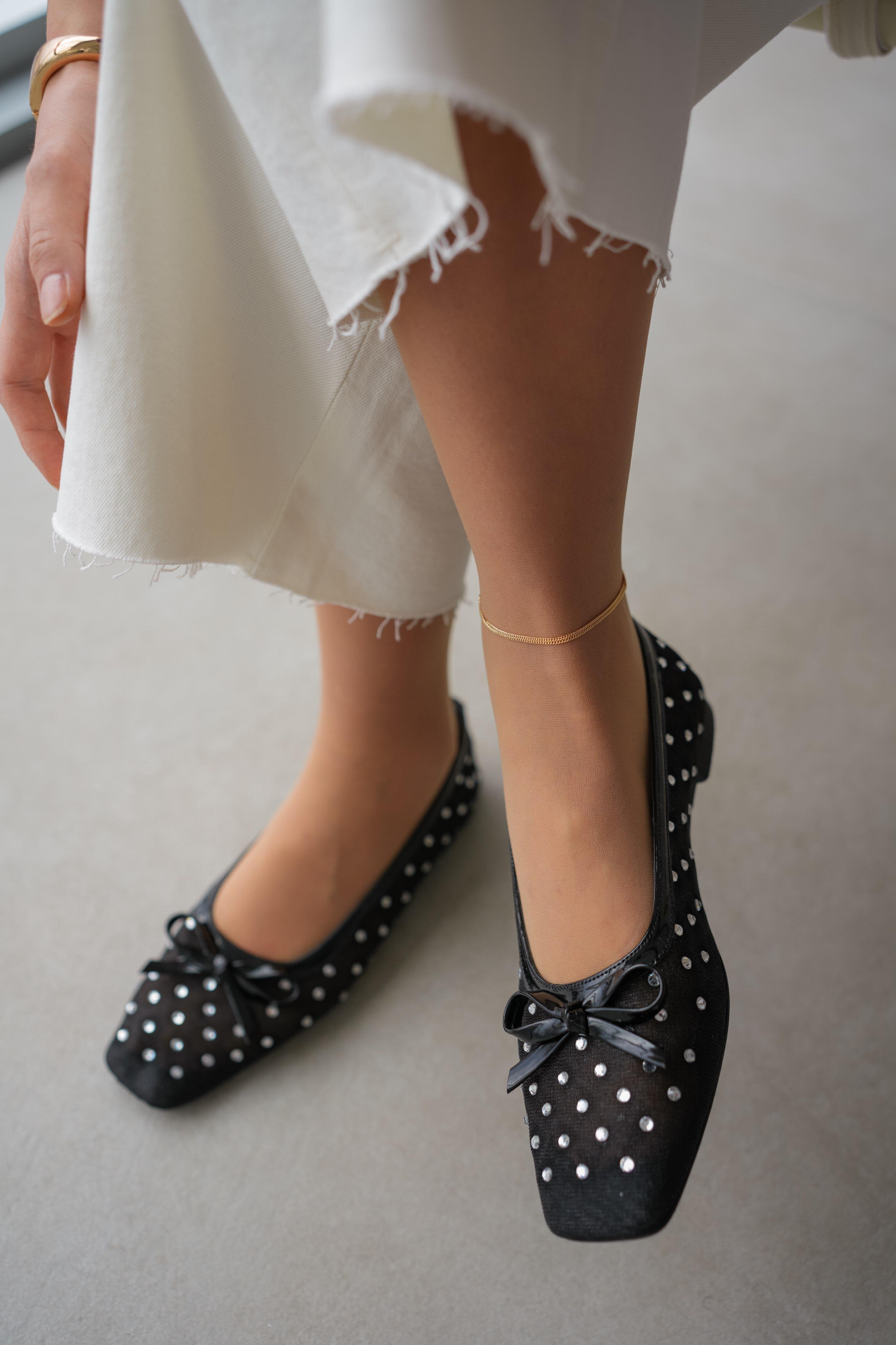 Hera Lace Detail Silver Sequin Embroidered Bow Women's Ballerinas- BLACK