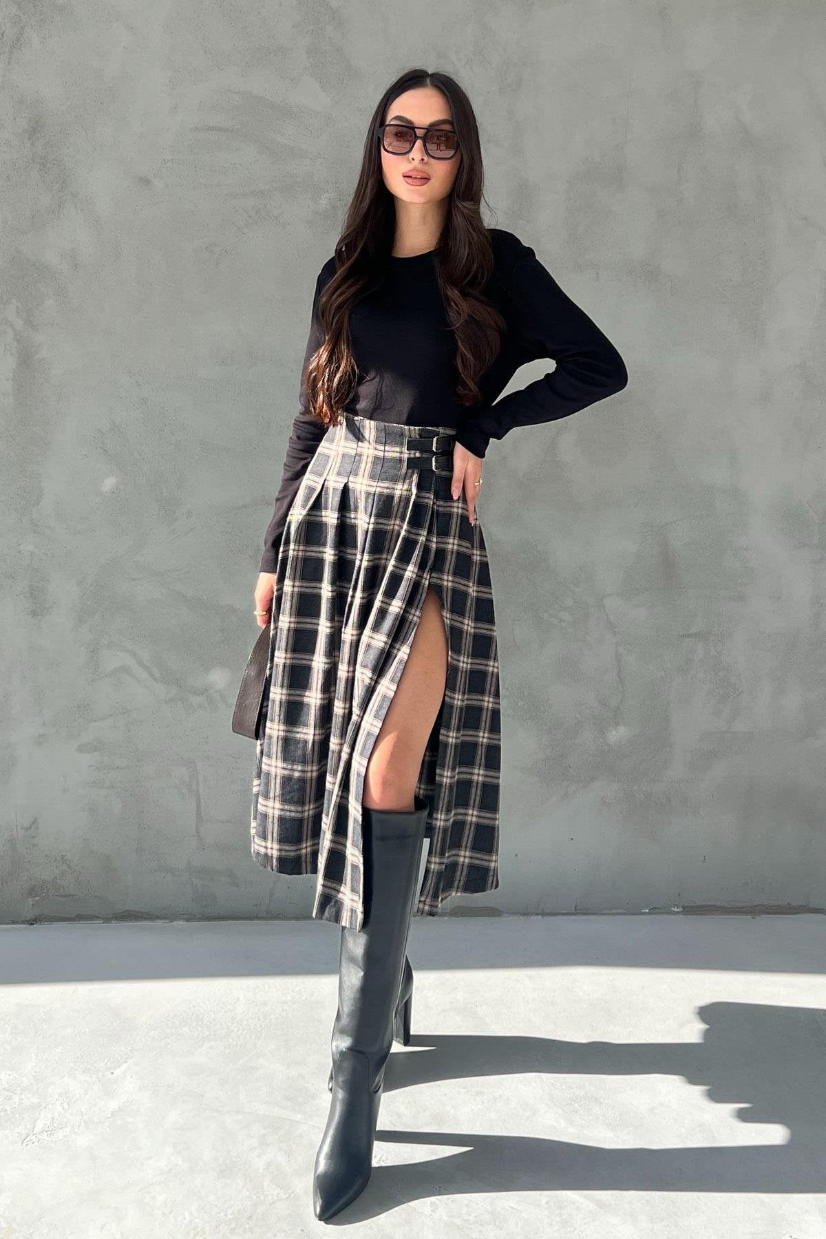 Anthracite Belt Detailed Plaid Patterned Skirt