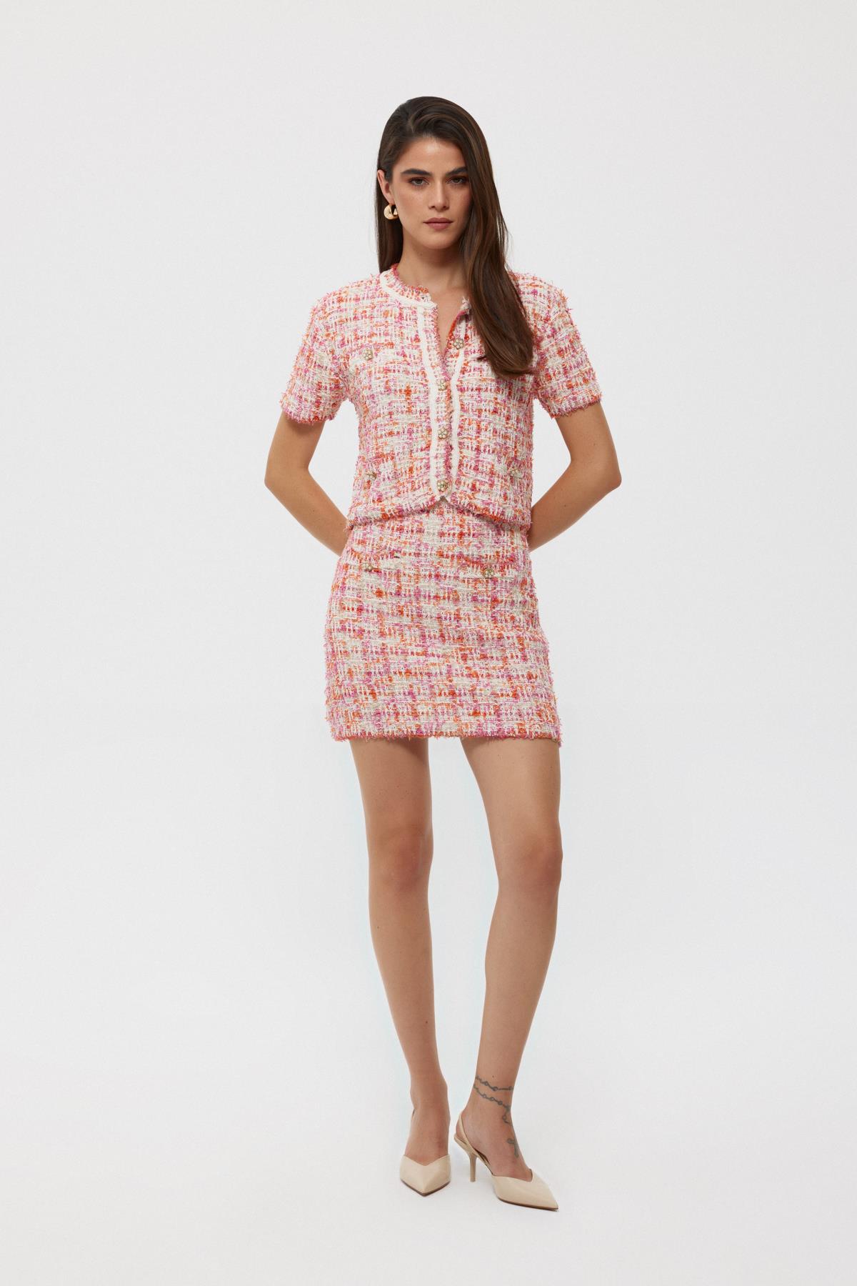 Pink Tweed Knitted Skirt Suit