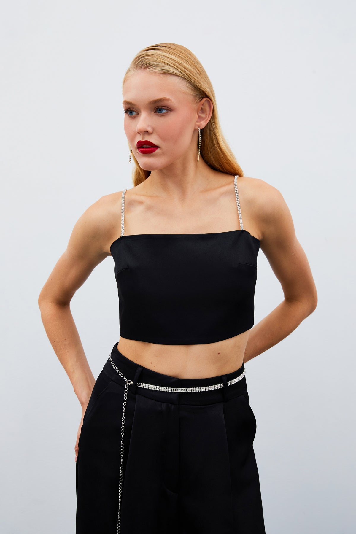 Stone Strap Satin Crop Blouse - BLACK