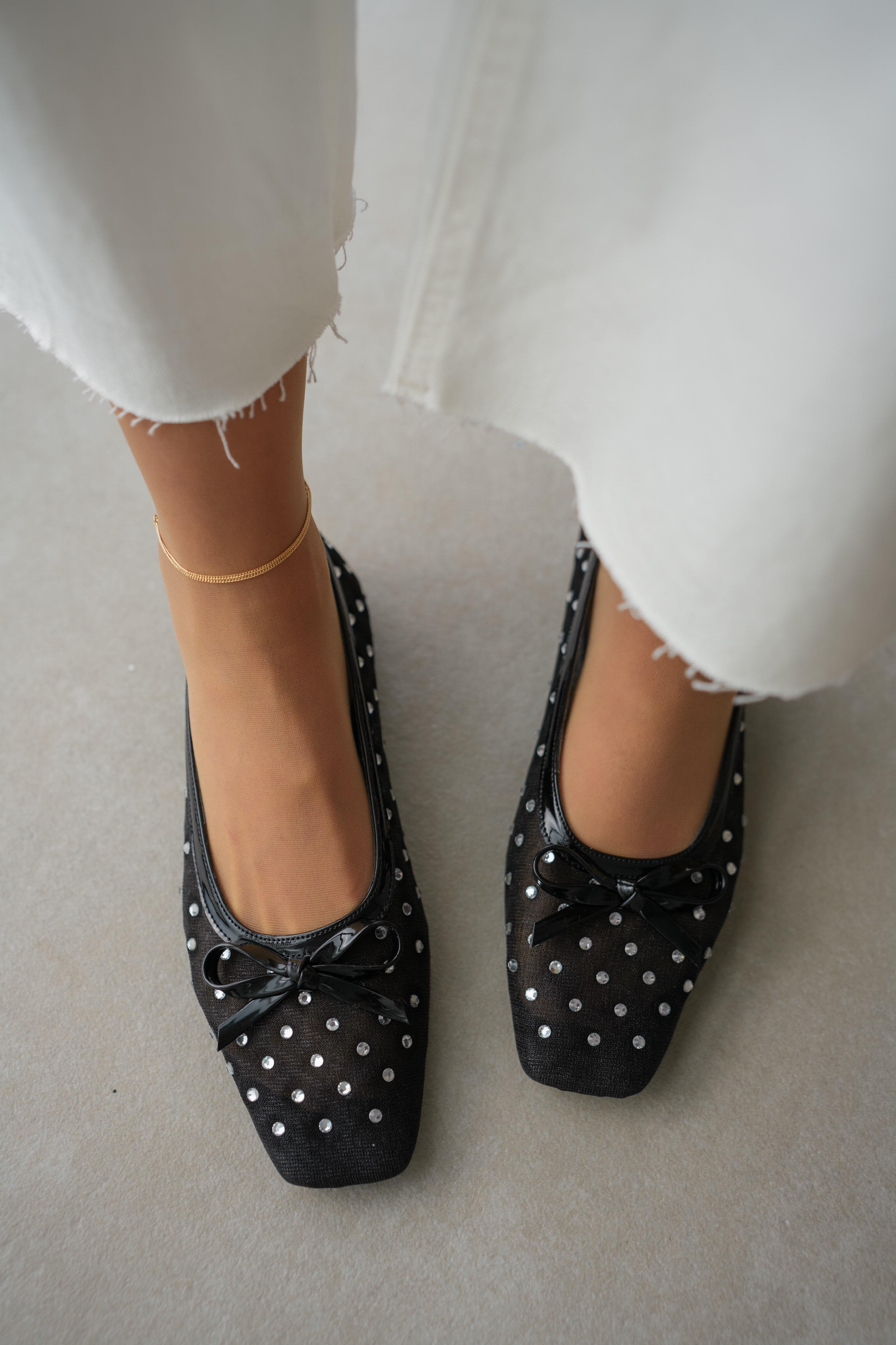 Hera Lace Detail Silver Sequin Embroidered Bow Women's Ballerinas- BLACK