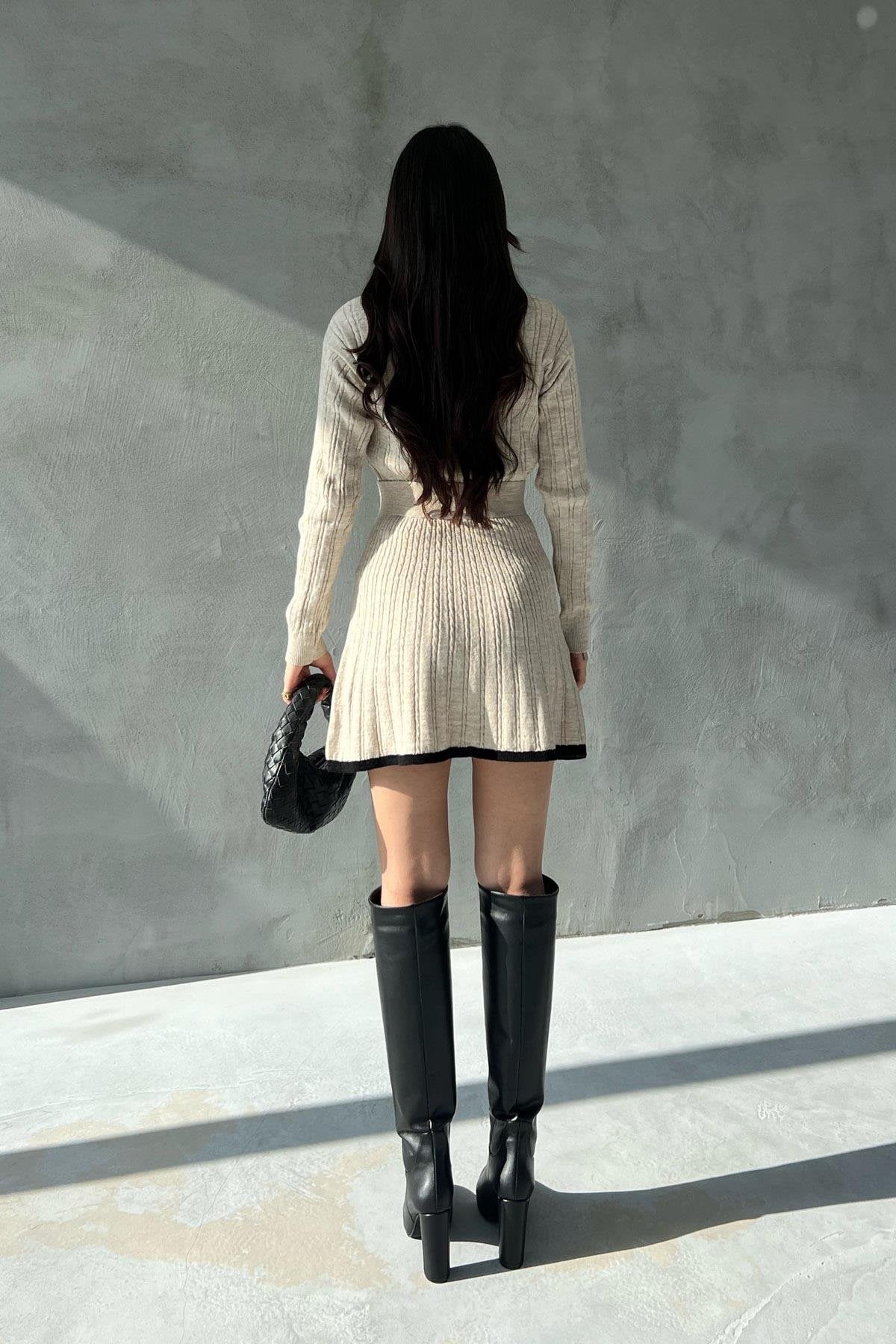 Beige Polo Neck Knitted Sweater Skirt Set