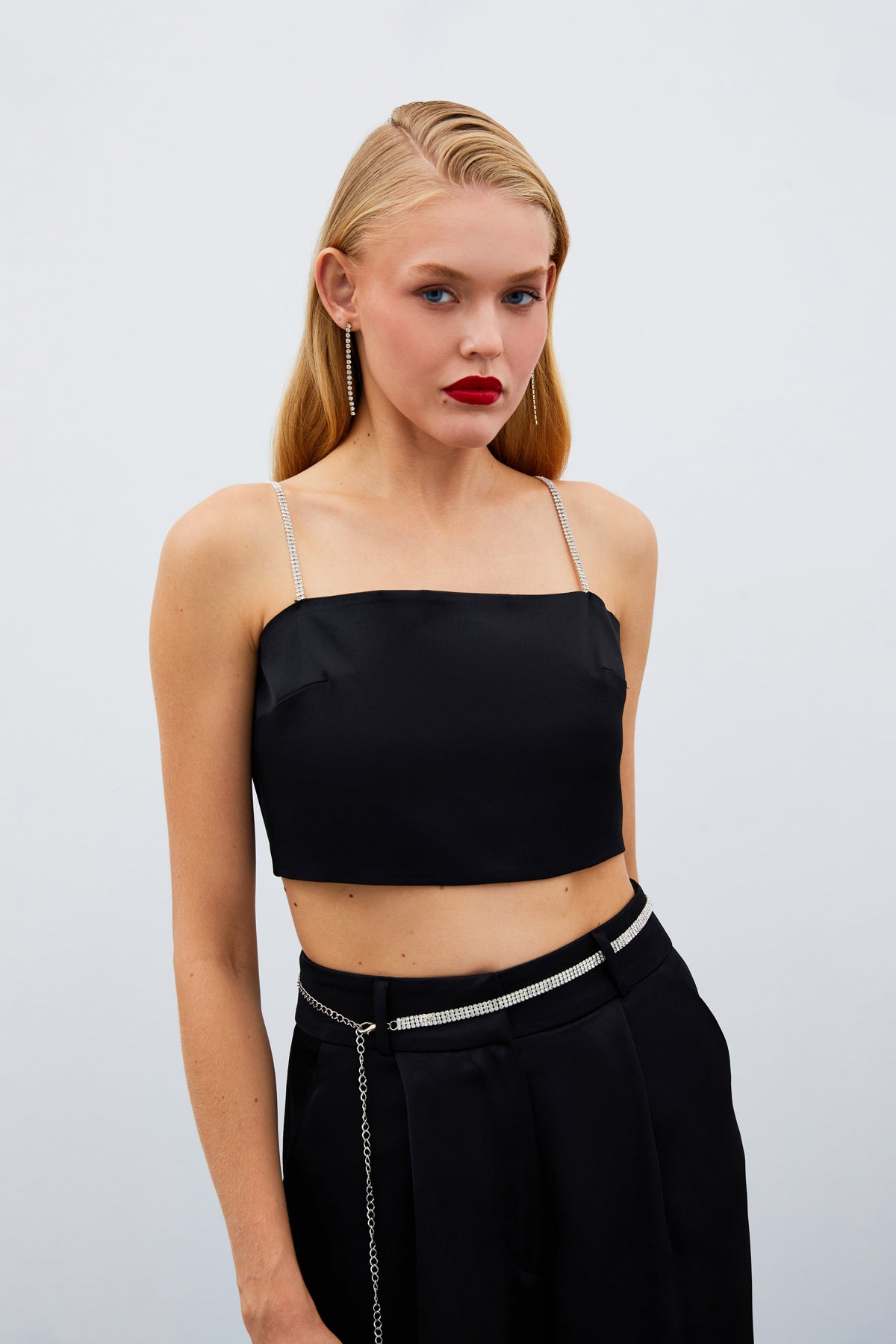 Stone Strap Satin Crop Blouse - BLACK