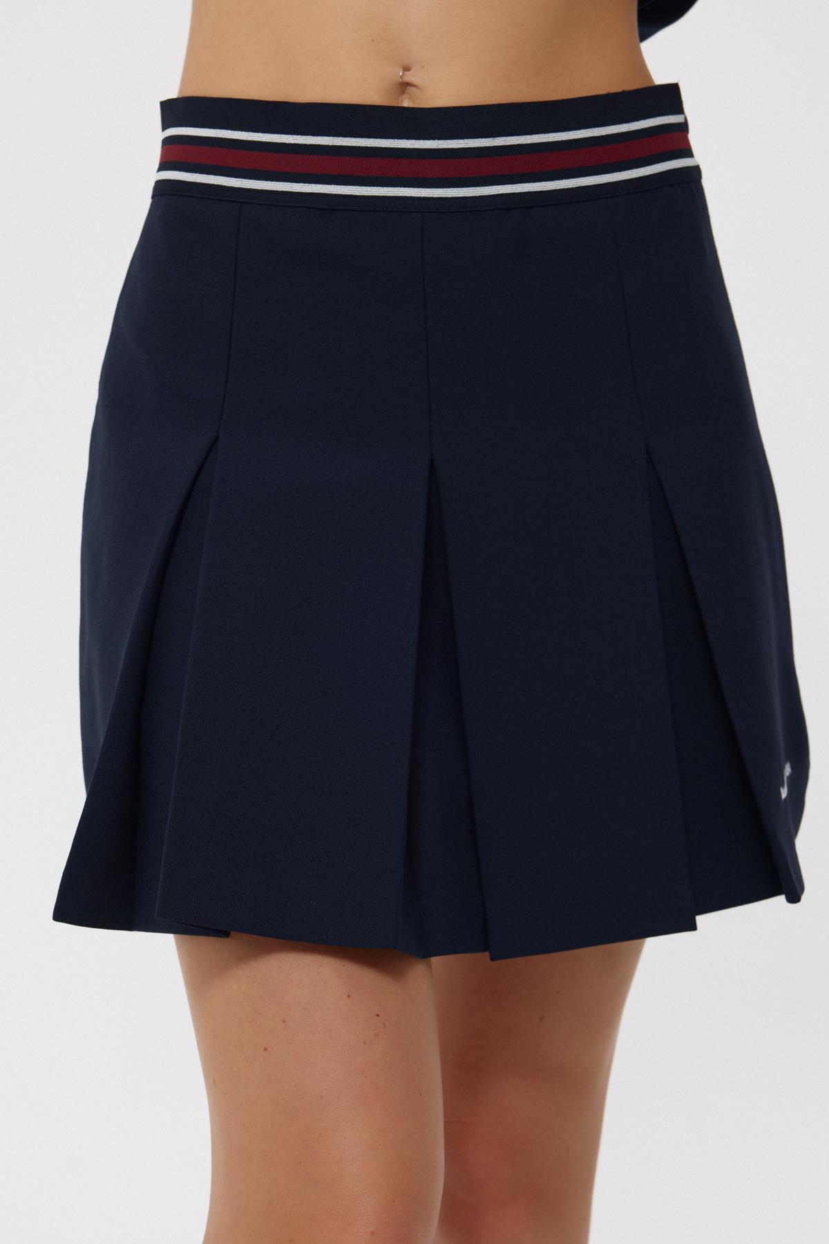 Navy Blue Ribbed Pleated Mini Skirt