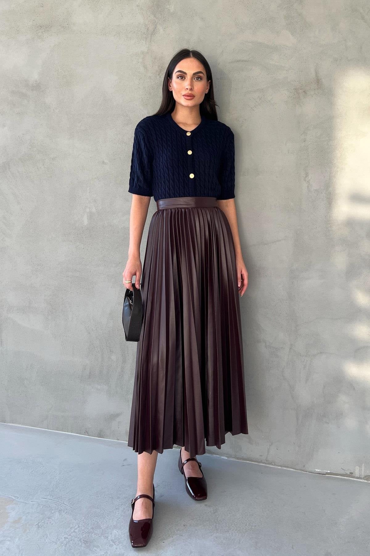 Bordo Pleated Midi Length Leather Skirt