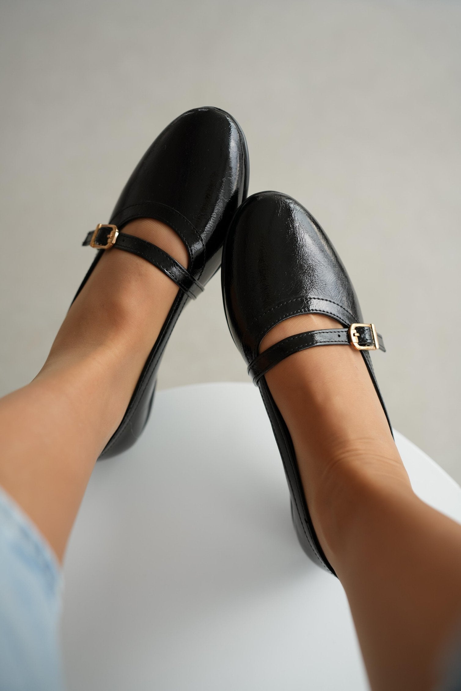 Eria Round Toe Belt Accessory Women's Ballerinas- BLACK LEATHER