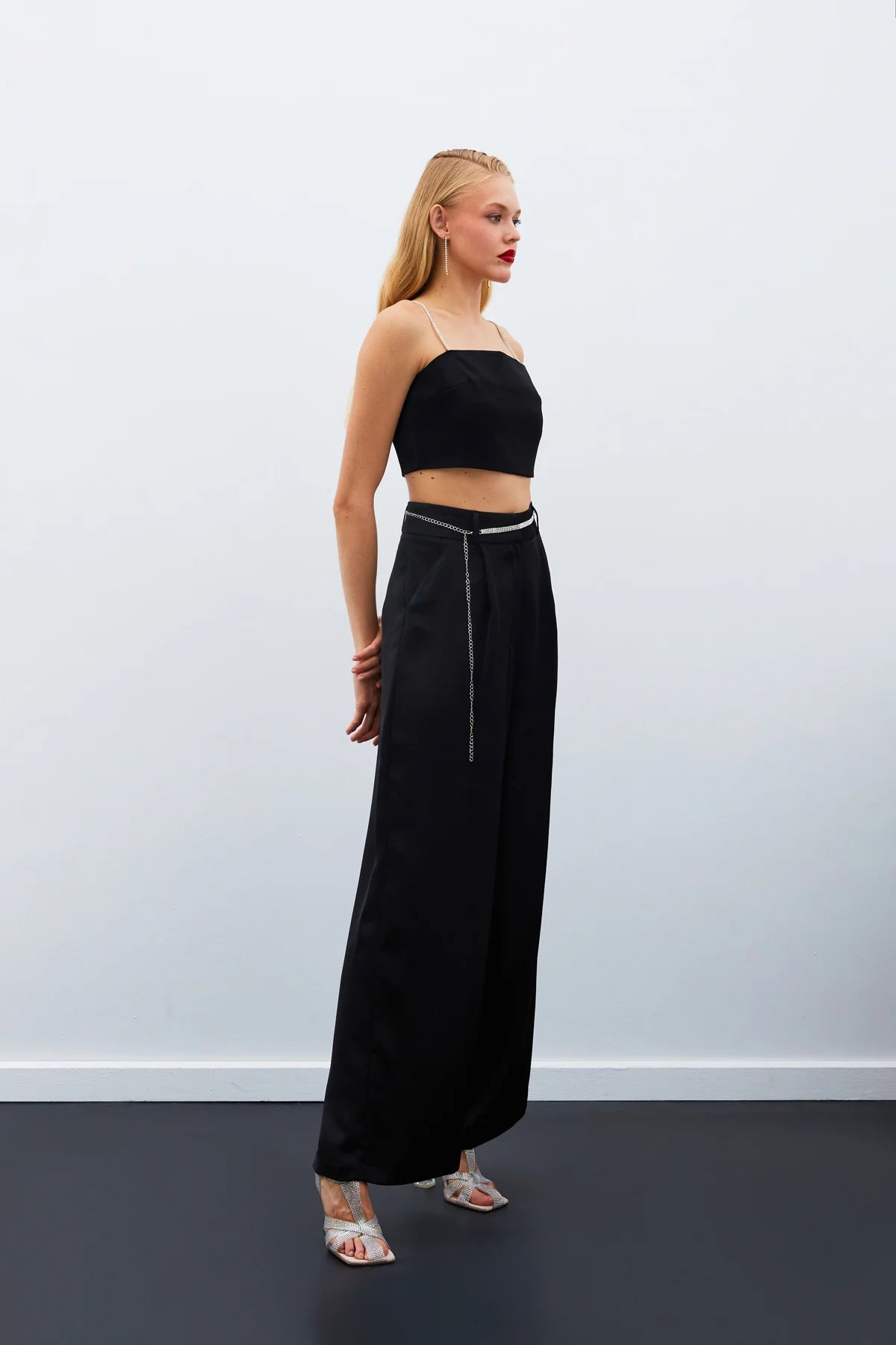 Stone Belt Satin Trousers - BLACK