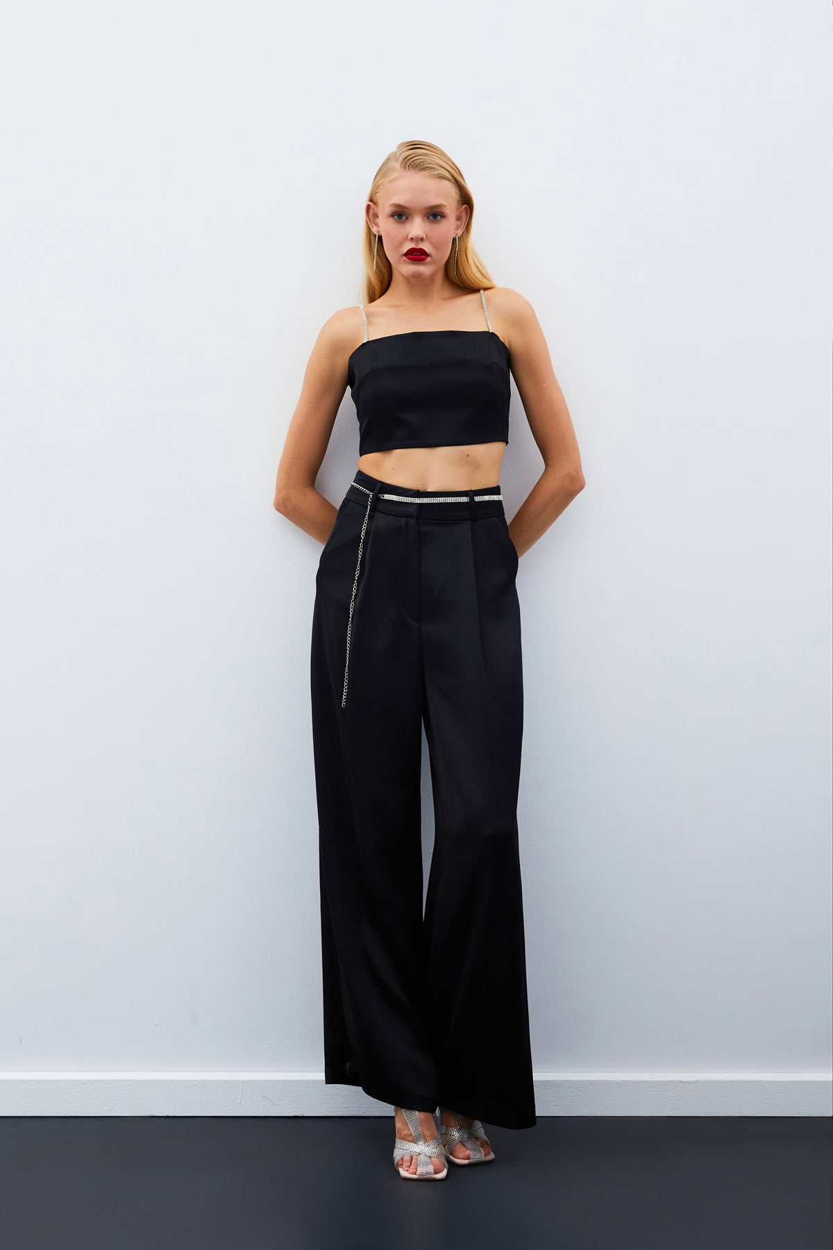 Stone Belt Satin Trousers - BLACK