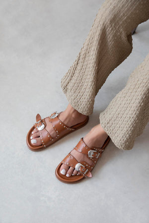 Gavi Tan Drop Detail Casual Comfort Leather Slippers in