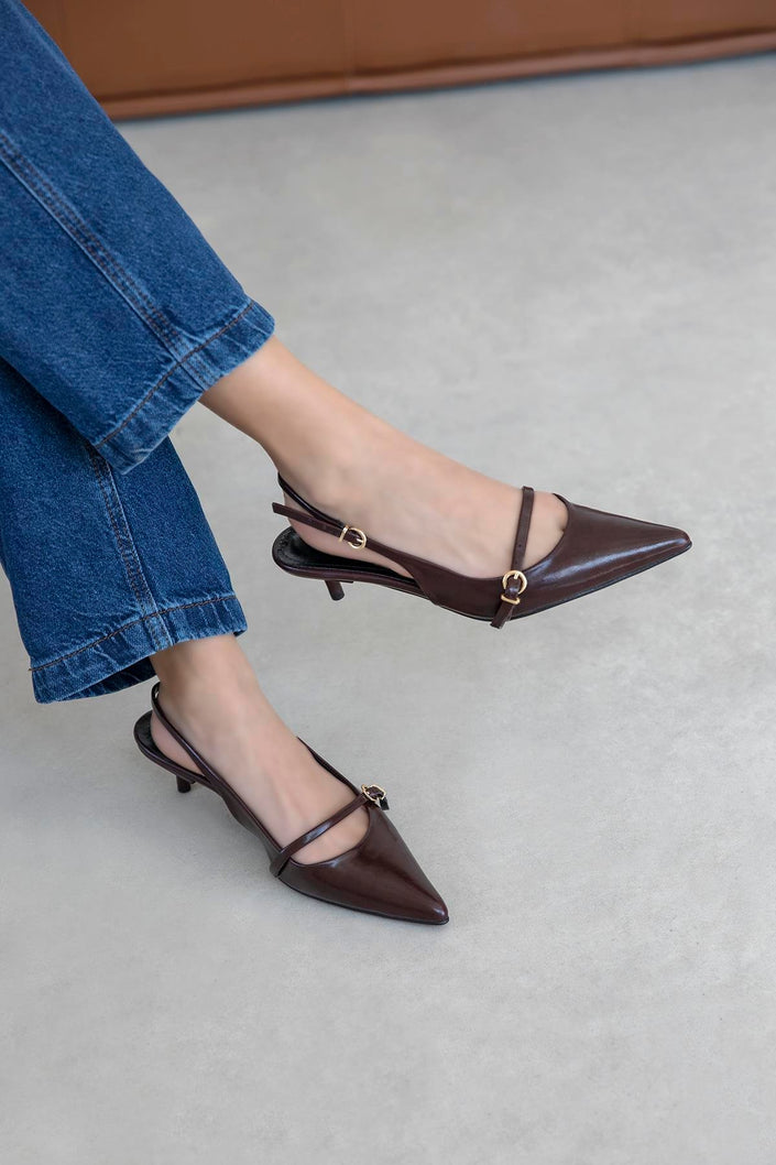 Valeria Women's Heeled Crinkle Leather Shoes- Burgundy