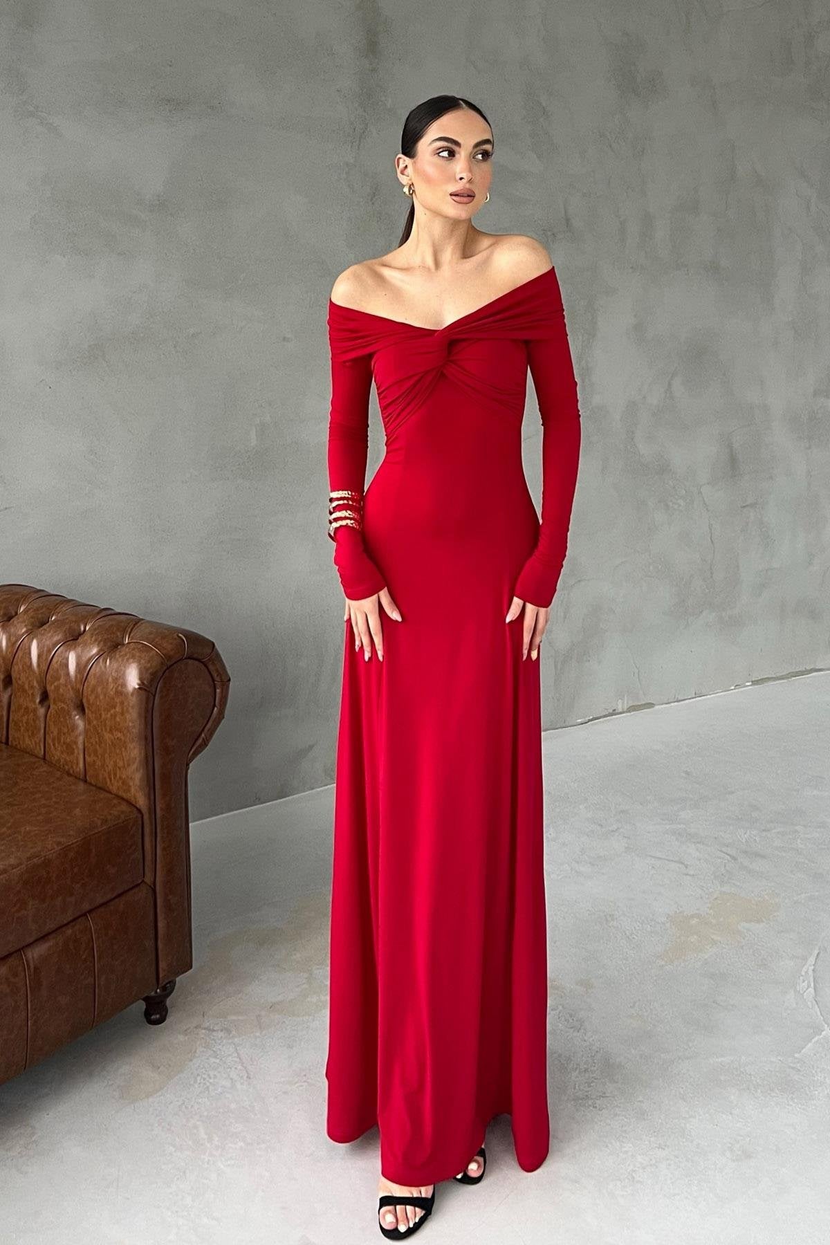 Madonna Collar Lipari Red Long Dress