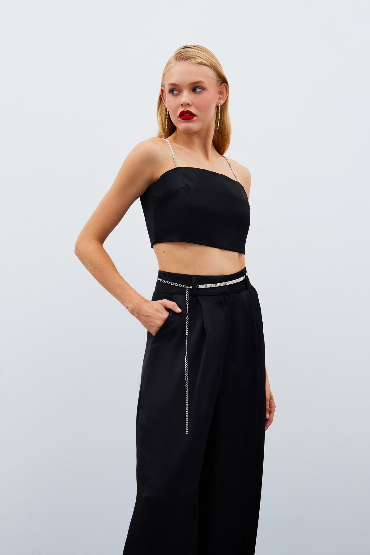 Stone Strap Satin Crop Blouse - BLACK