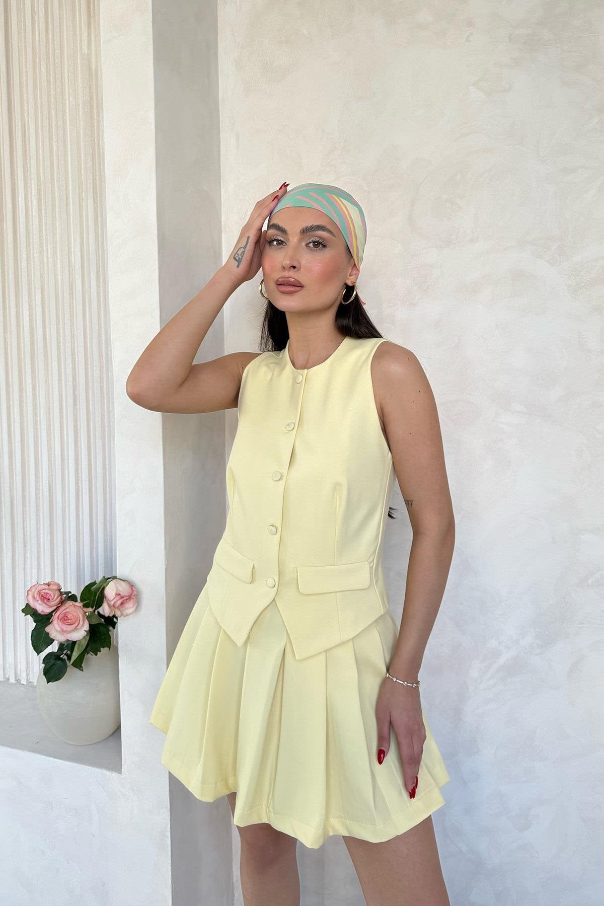 Yellow Pleated Skirt and Vest Set