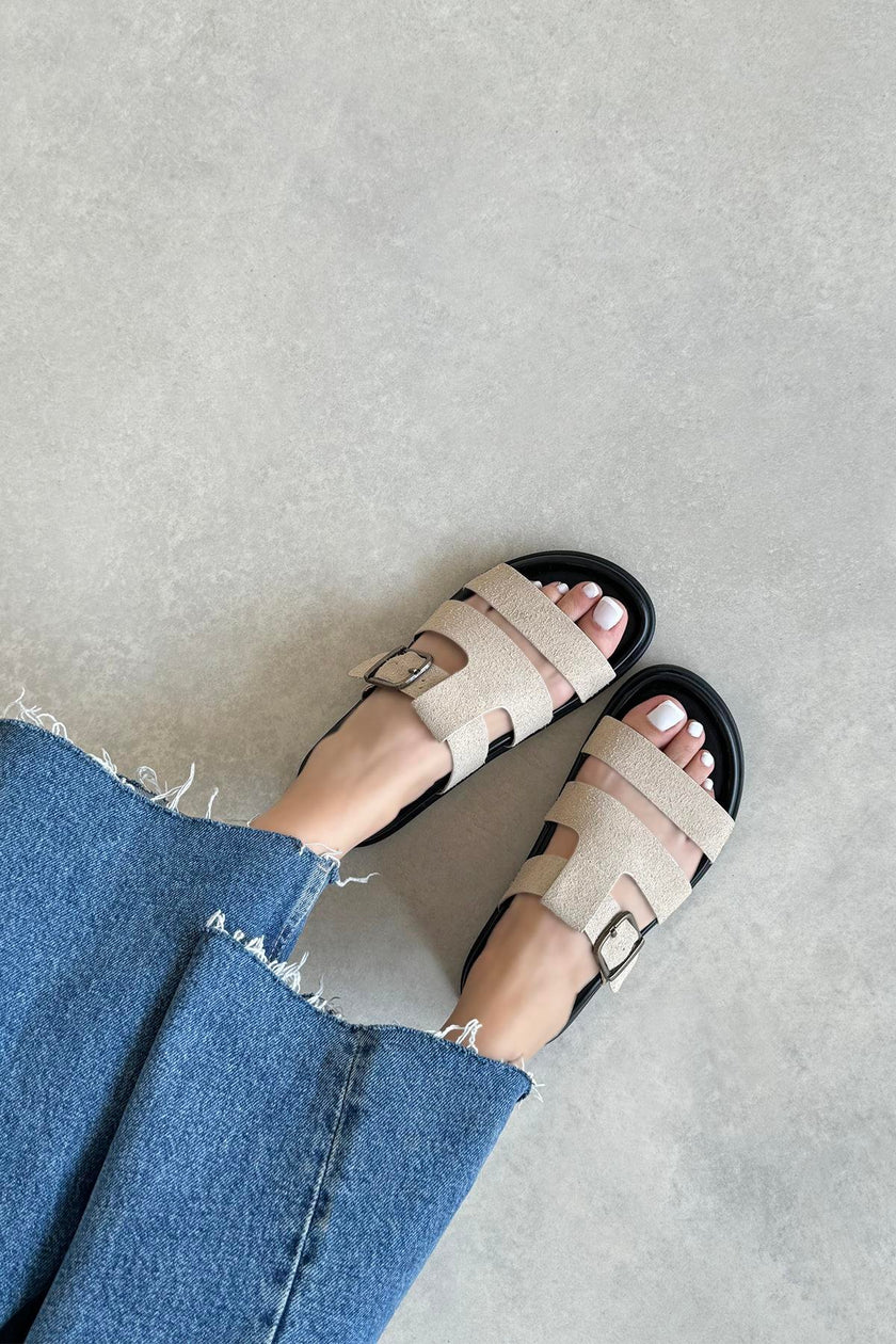 Toff Beige Buckle Detail Casual Comfort Suede Slippers