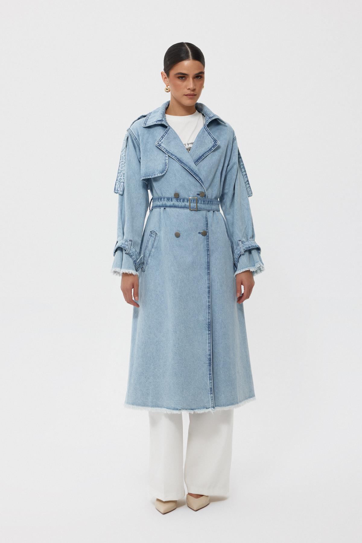 Light Blue Shoulder Writing Detail Belted Trench Coat