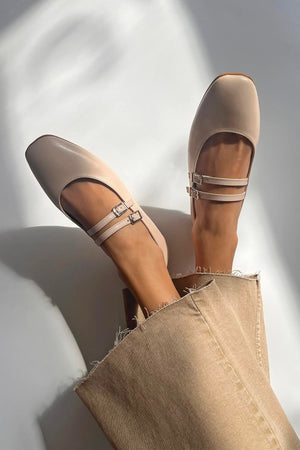 Elvira Women's Belt Detail Leather Ballerina - Beige