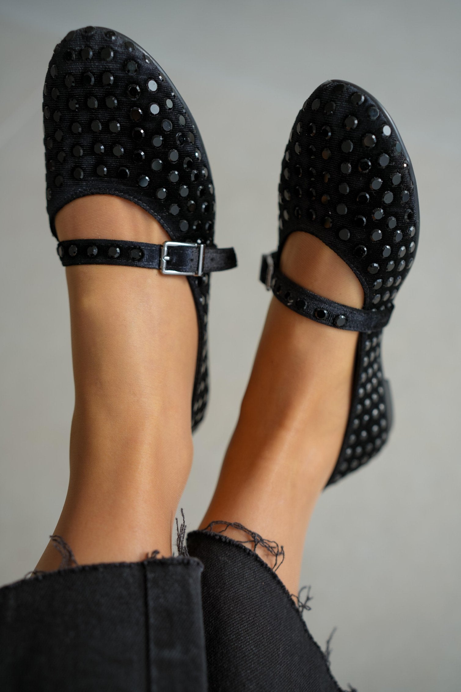 Caren Black Velvet Fabric Shiny Stud Detailed Ankle-Tie Women's Ballerinas