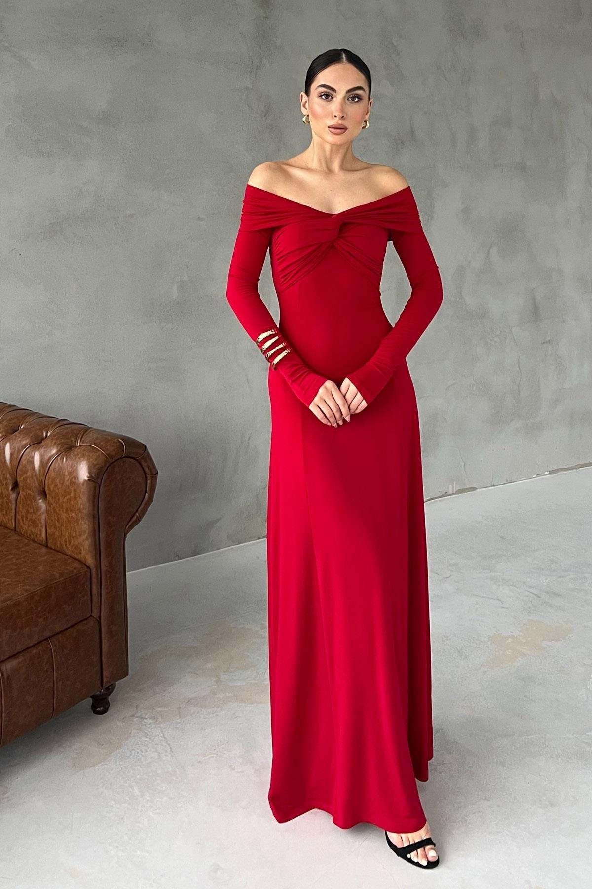 Madonna Collar Lipari Red Long Dress